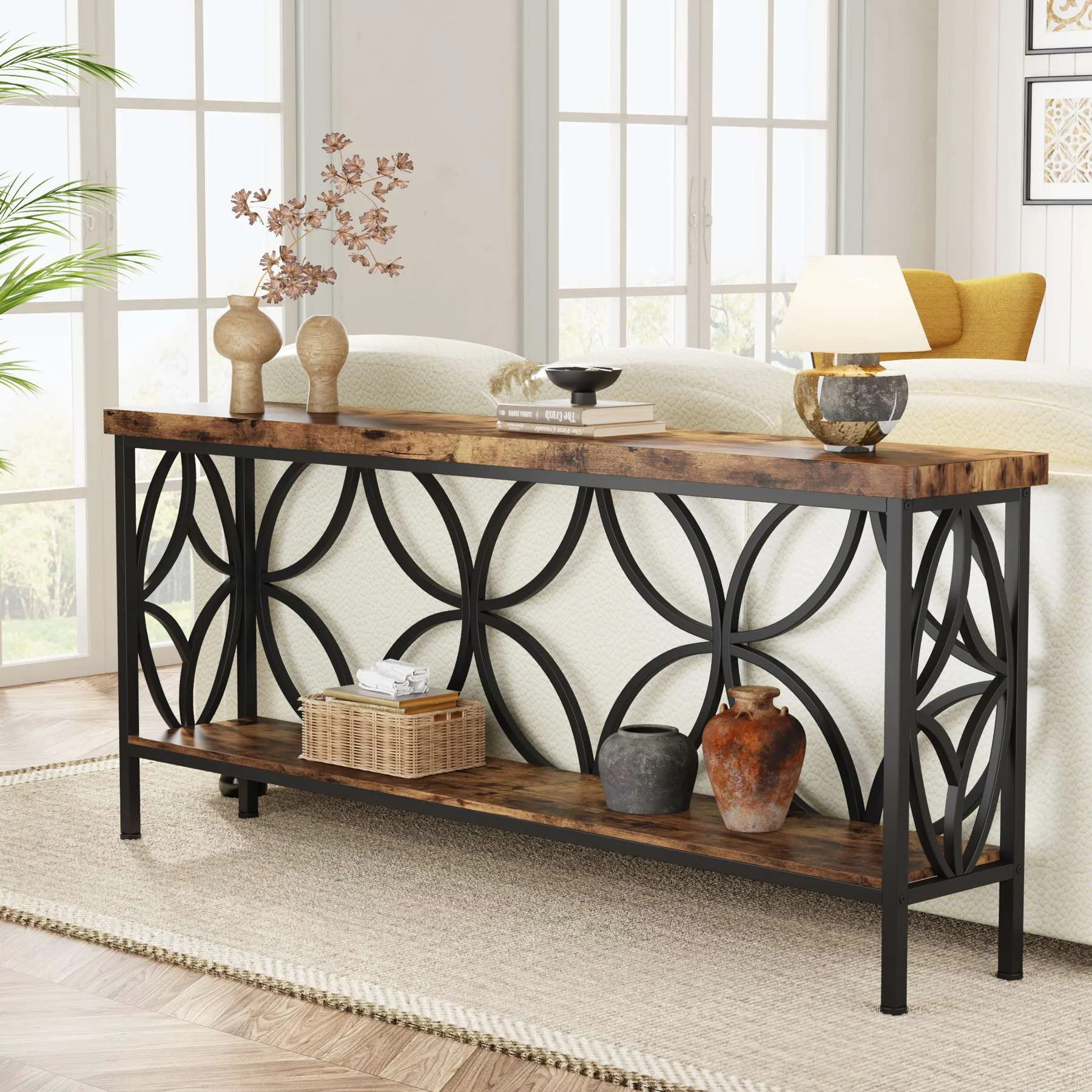 2-Tier Console Table, 70.9" Industrial Sofa Table Behind Couch