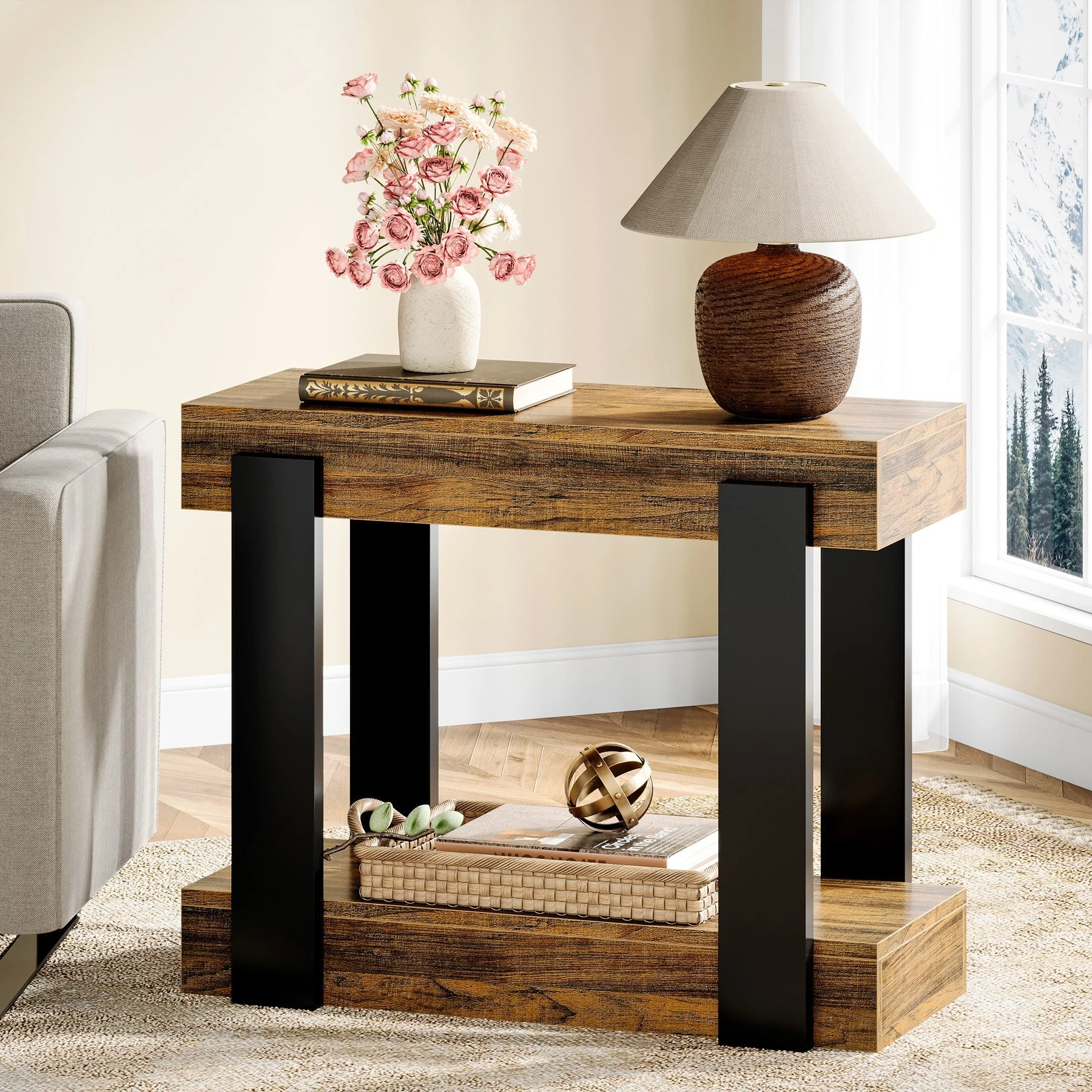 2-Tier End Table, Farmhouse Side Table with Storage Shelf for Living Room