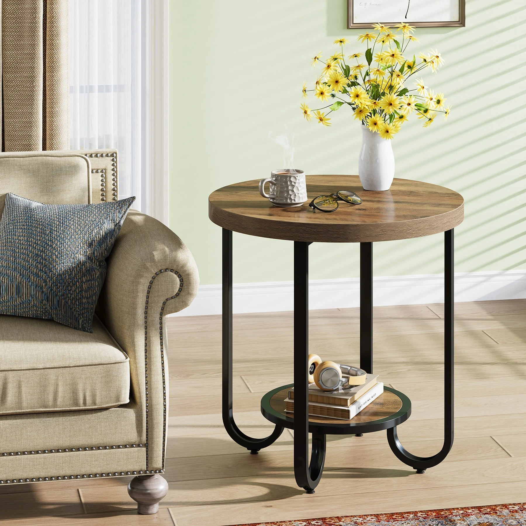2-Tier End Table, Round Side Table Nightstand with Curved Metal Legs