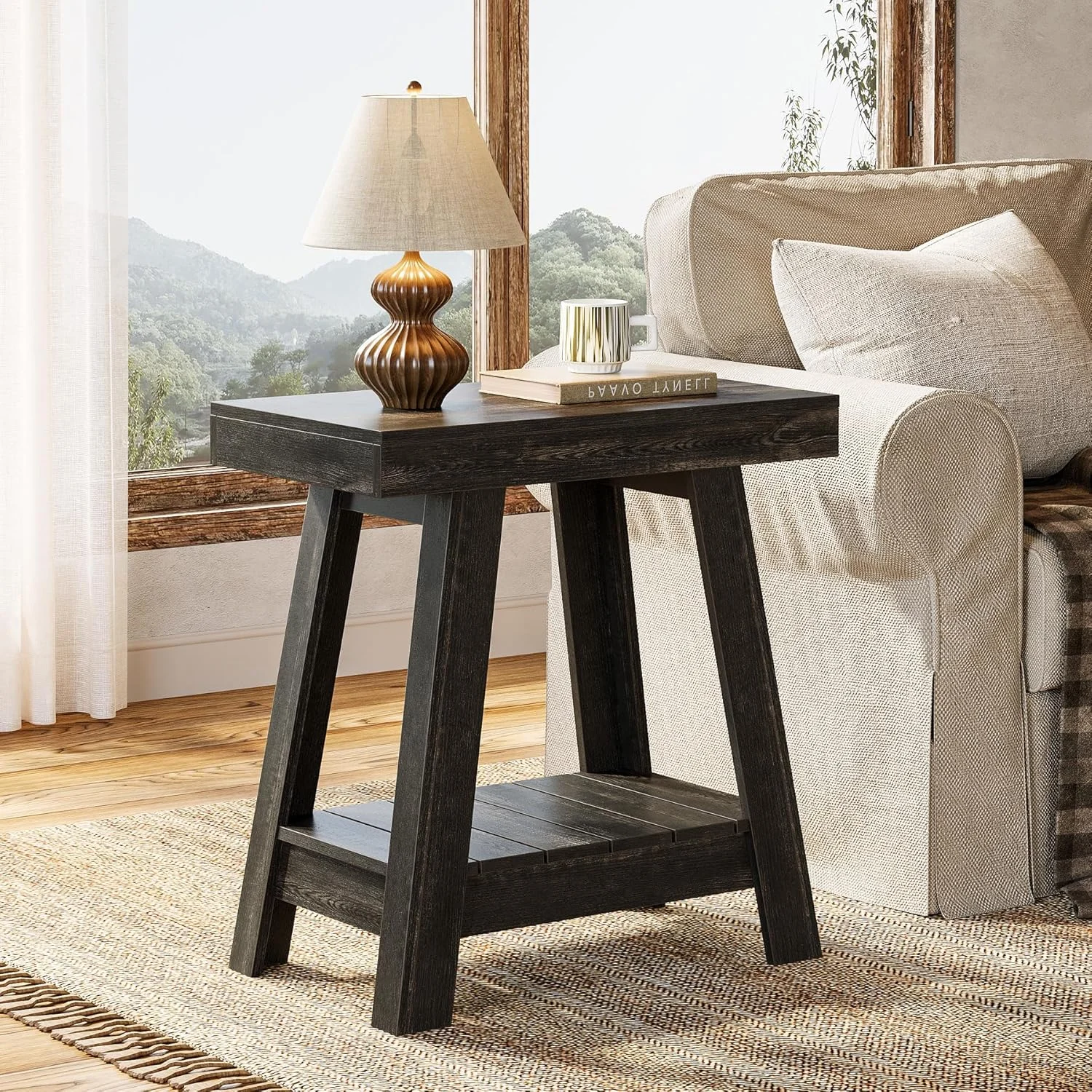 2-Tier End Table, Slim Sofa Side Table with Storage