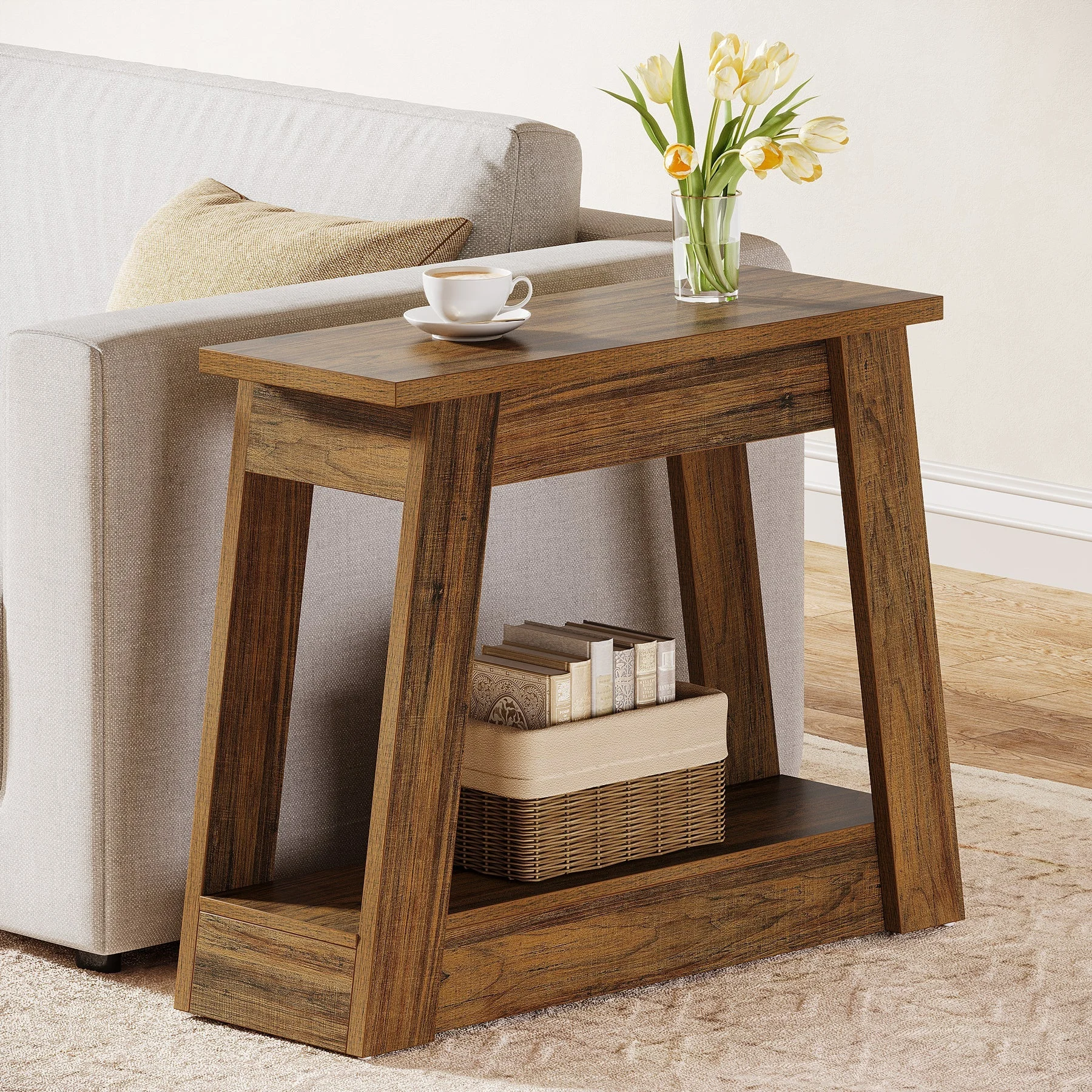 2-Tier End Table, Small Side Table With 2 Storage Shelves for Living Room