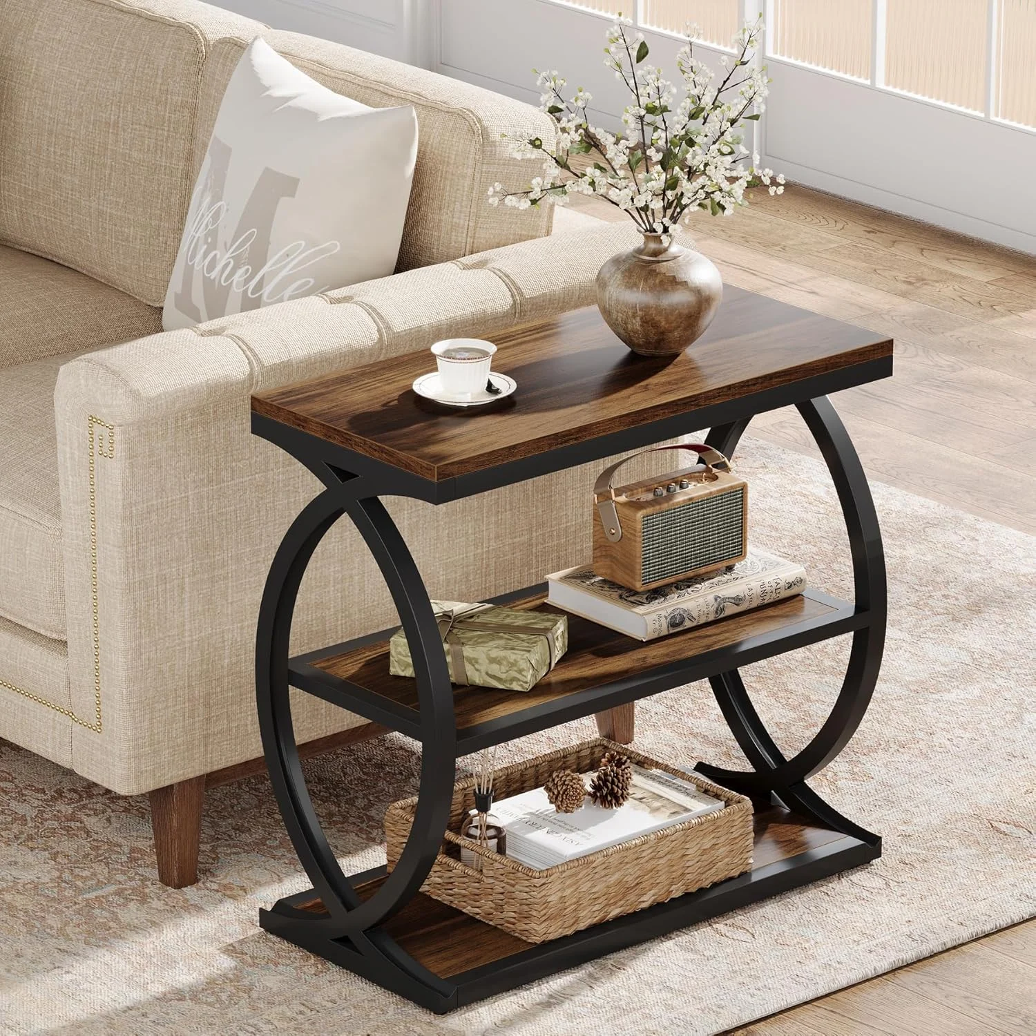 23.6" End Table, Narrow 3-Tier Side Table with Oval Metal Frame