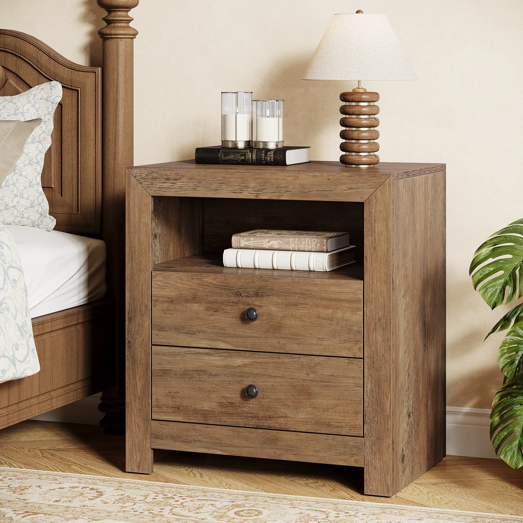 23.6" Nightstand, Rustic Bedside Table with 2 Storage Drawers