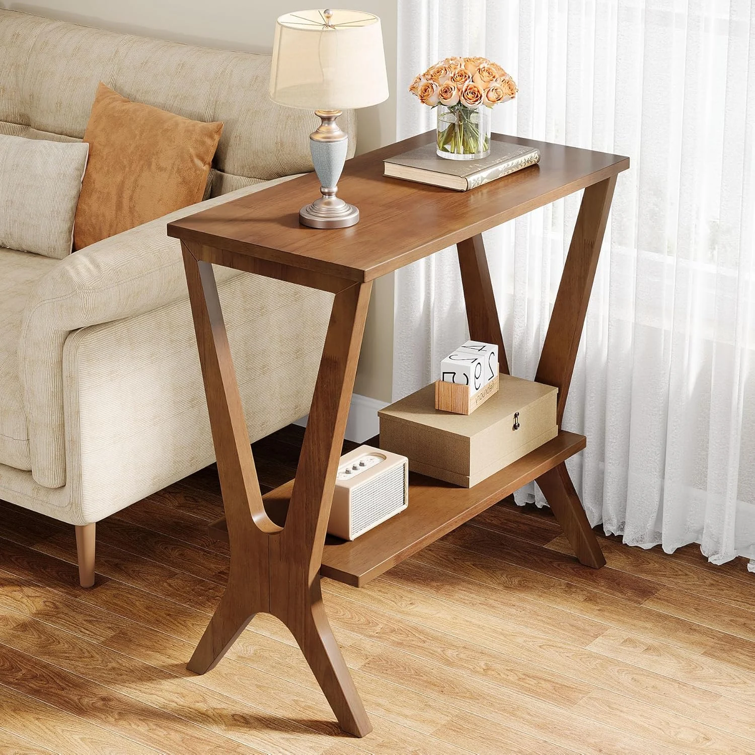 23.6" Solid Wood End Table, 2-Tier Storage Shelves Sofa Side Table