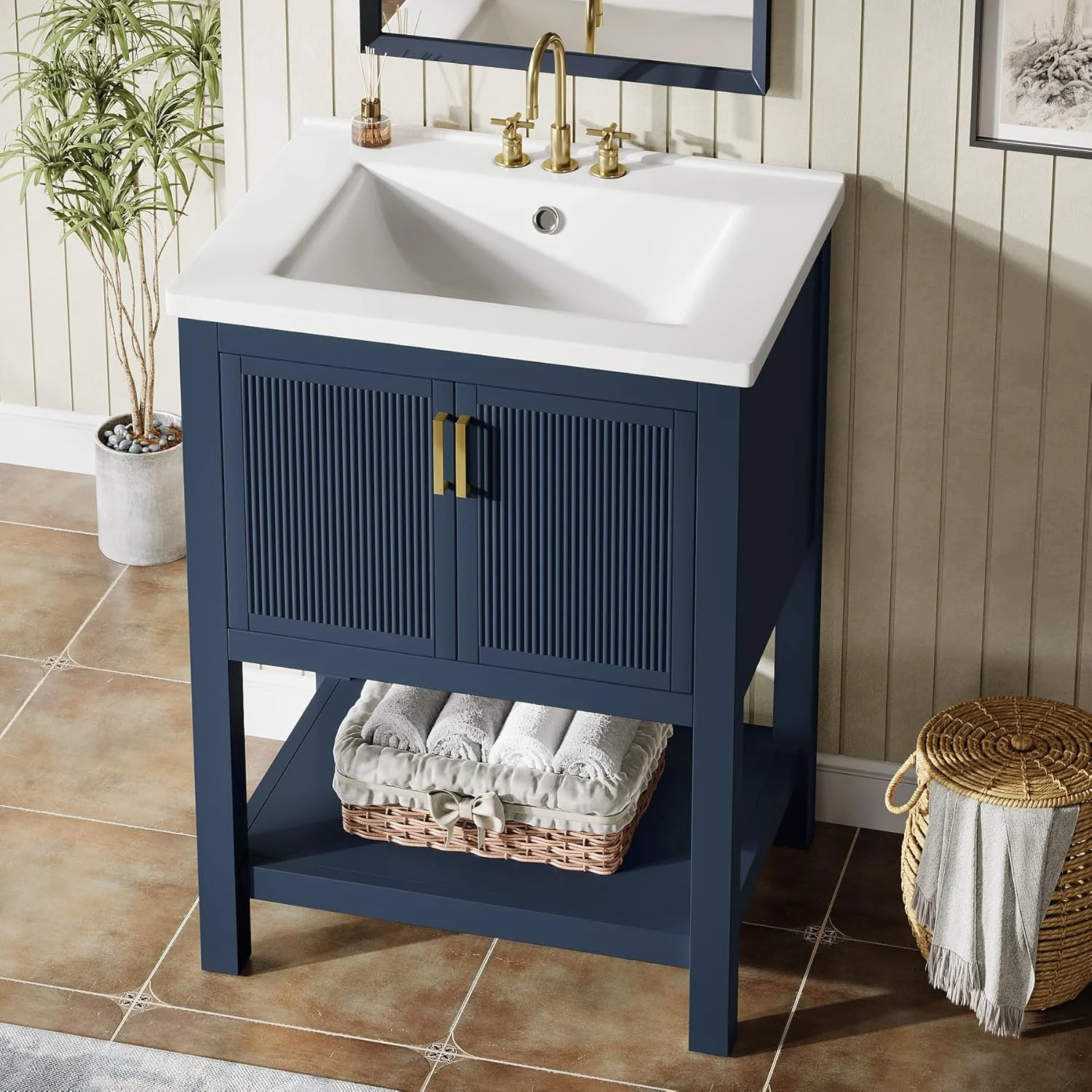24" Bathroom Vanity, Modern Bathroom Sink Cabinet with Ceramic Basin and 2 Doors
