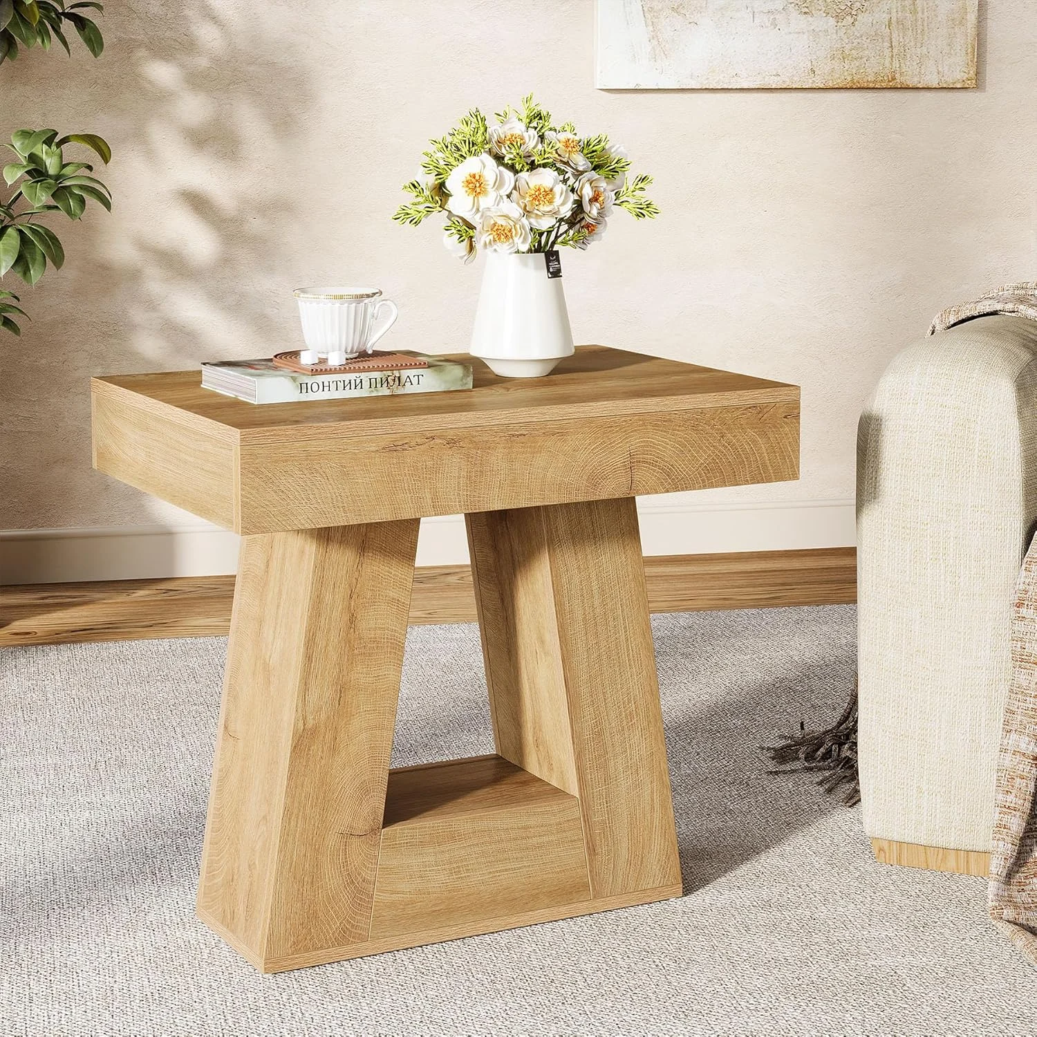 24" End Table, 2-Tier Narrow Side Table with Trapezoid Base