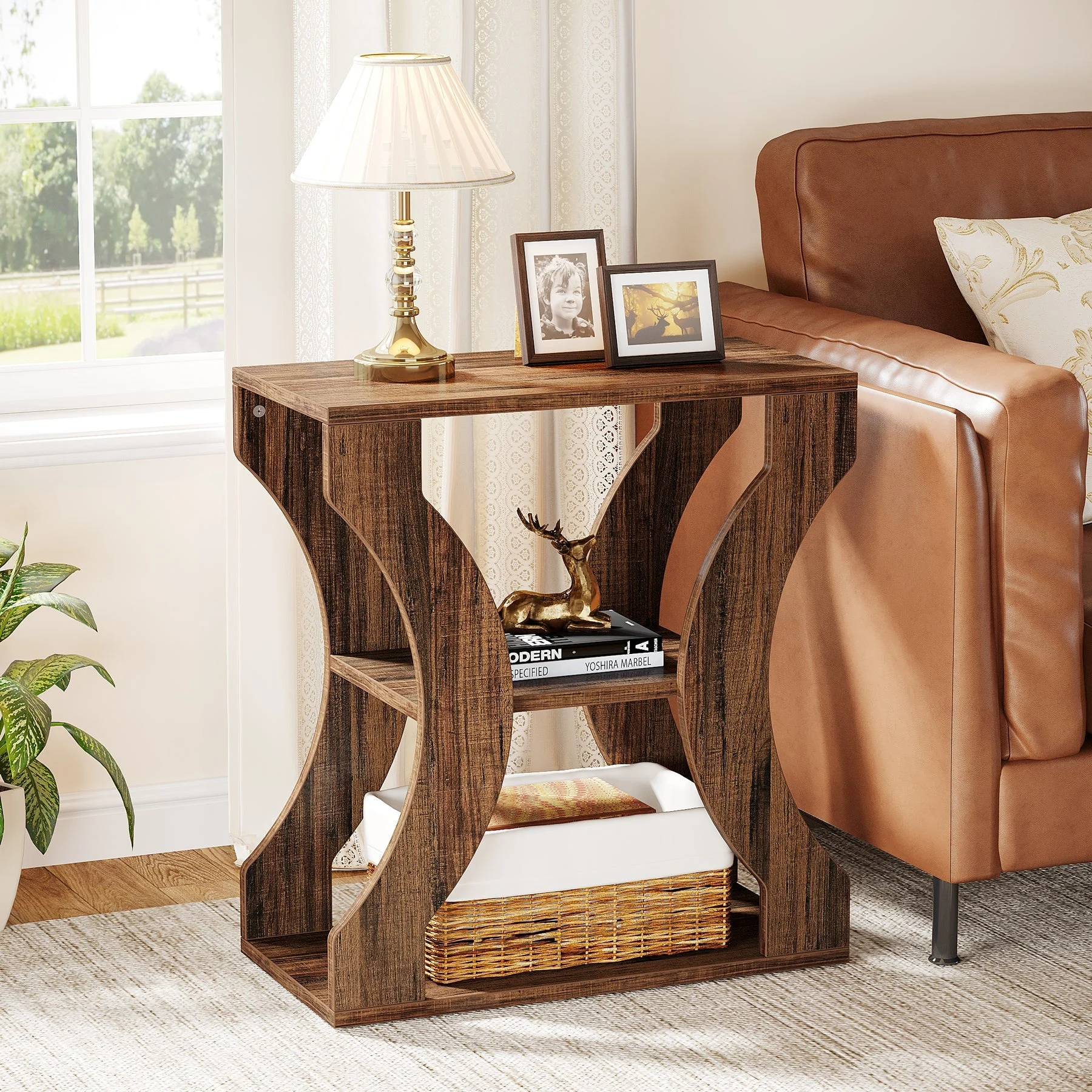 24" End Table, 3-Tier Farmhouse Side Table with Storage Shelves