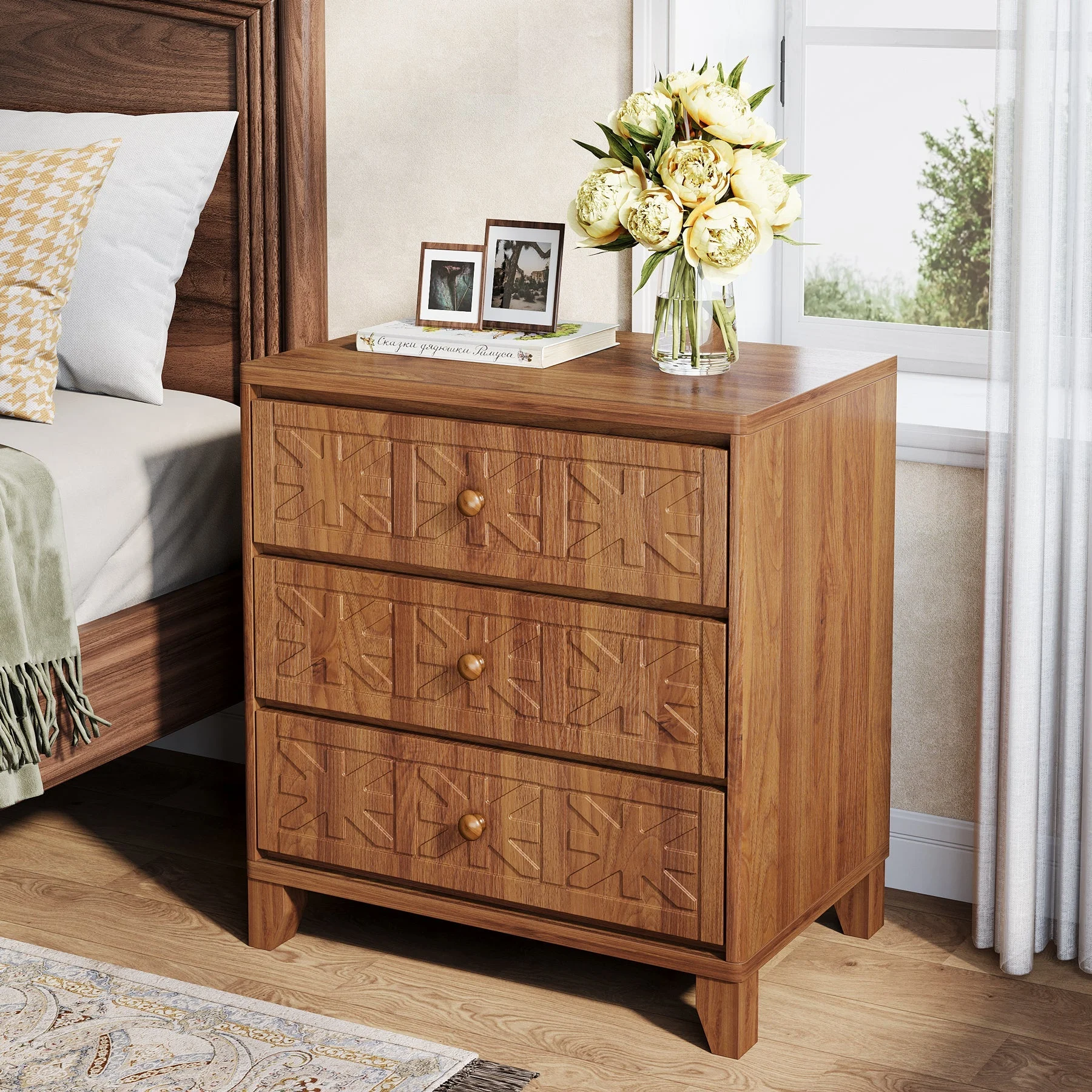 3-Drawer Nightstand, Farmhouse Bedside Table with Elegant Patterns