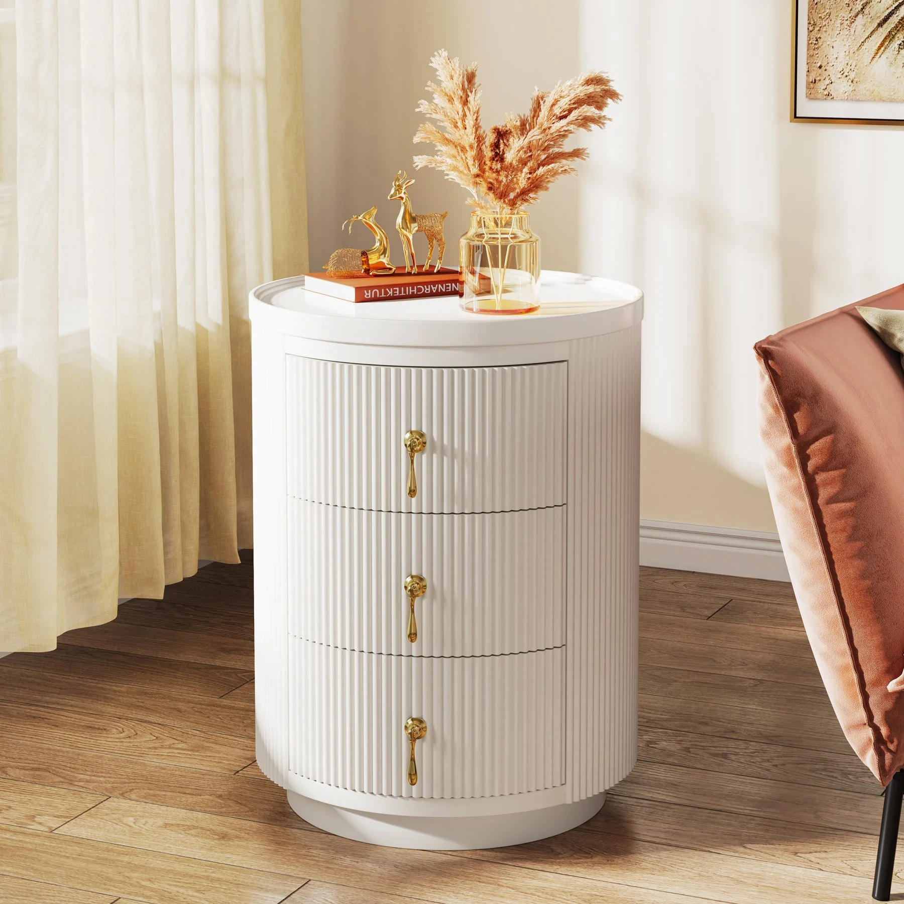 3-Drawer Nightstand, Round Side End Table with Storage (No Assembly Required)