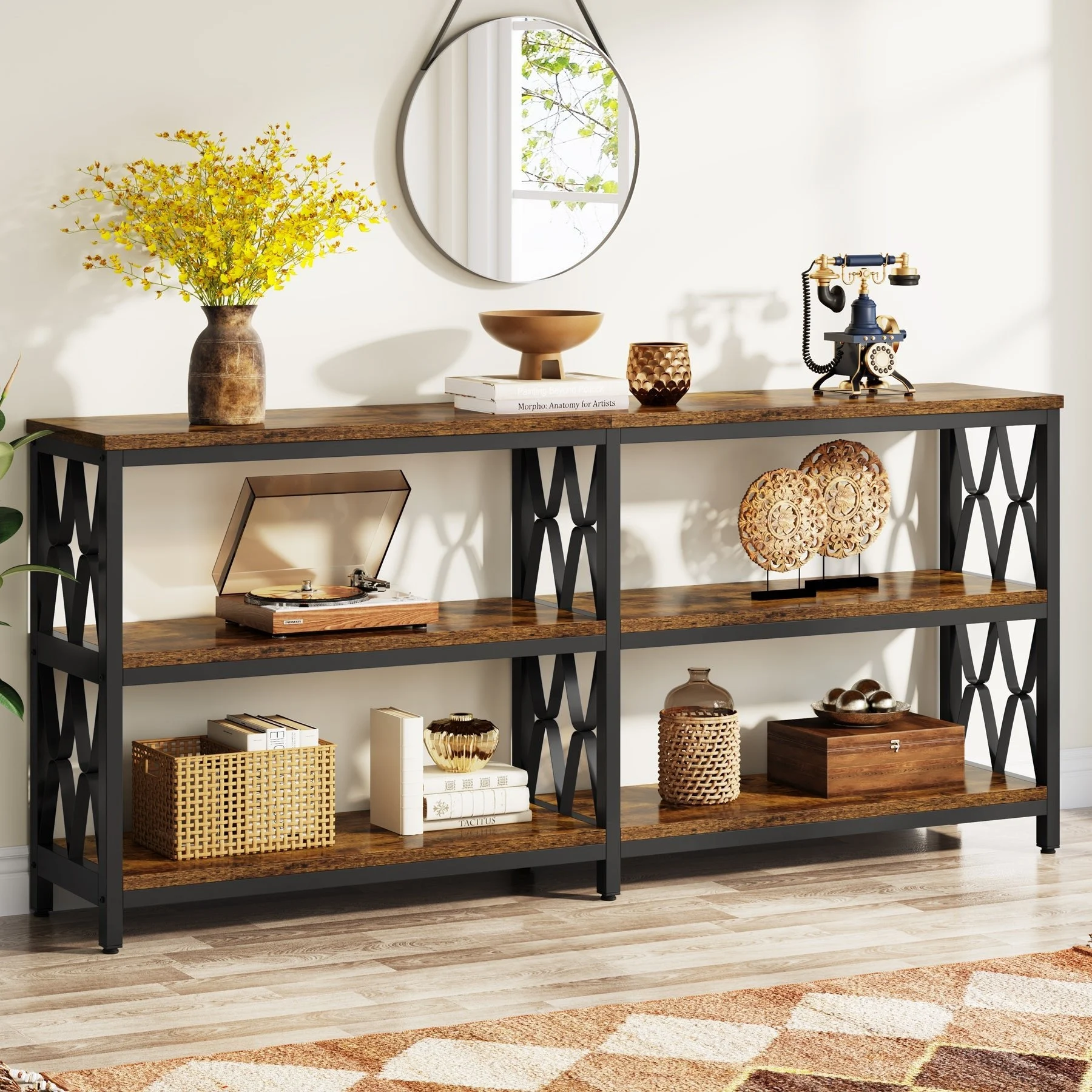 3-Tier Console Table, 70.9" Industrial Sofa Foyer Table for Living Room