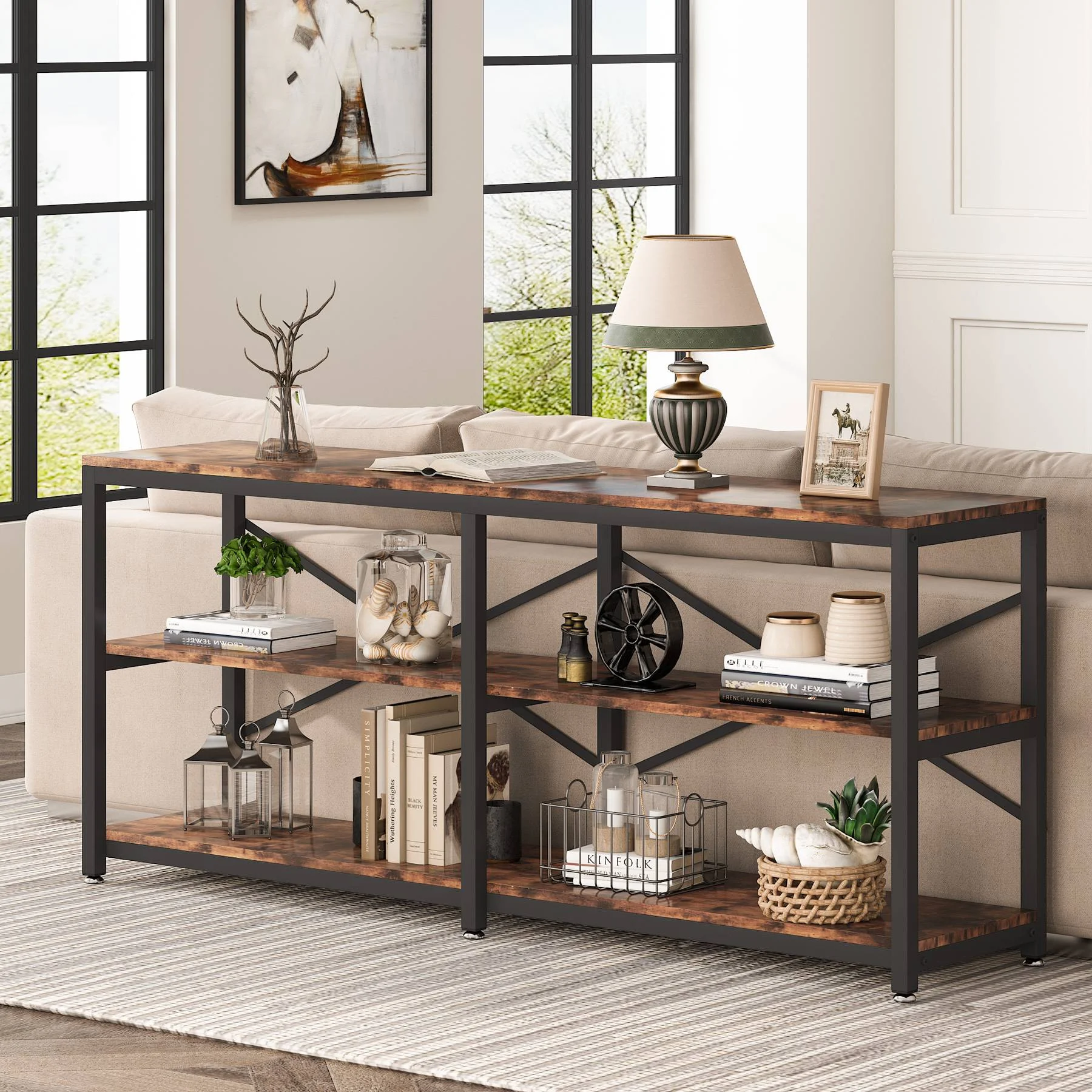 3-Tier Console Table, 70.9" Long Foyer Sofa Table with Storage Shelves