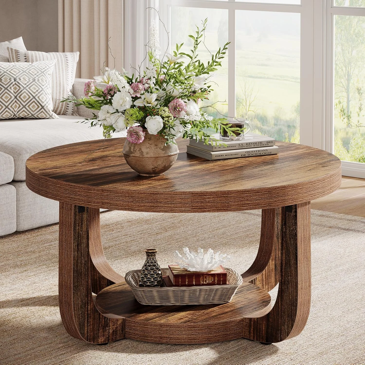 31.5" Coffee Table, Modern 2-Tier Circle Center Table with Storage