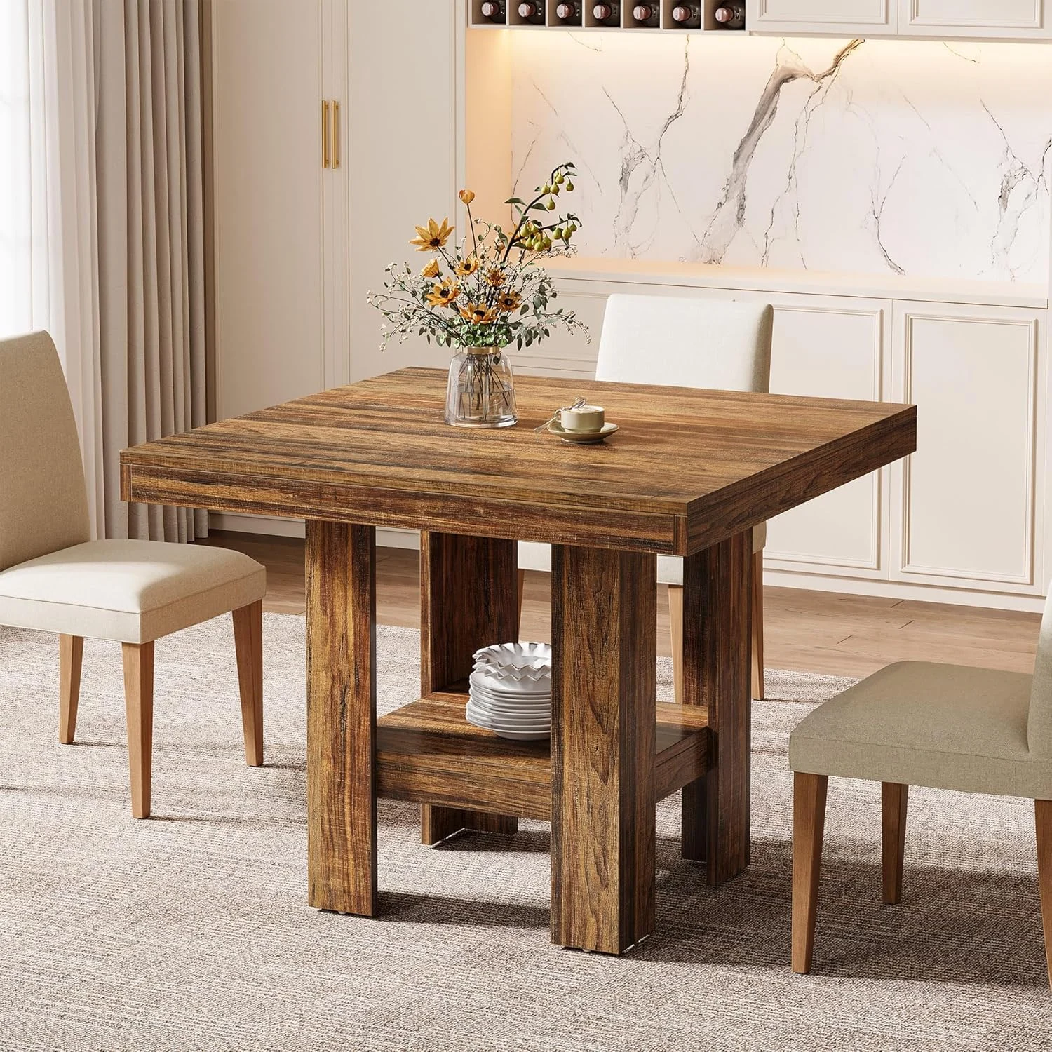 31.5" Dining Table, Square Kitchen Table with Shelf Storage for 4