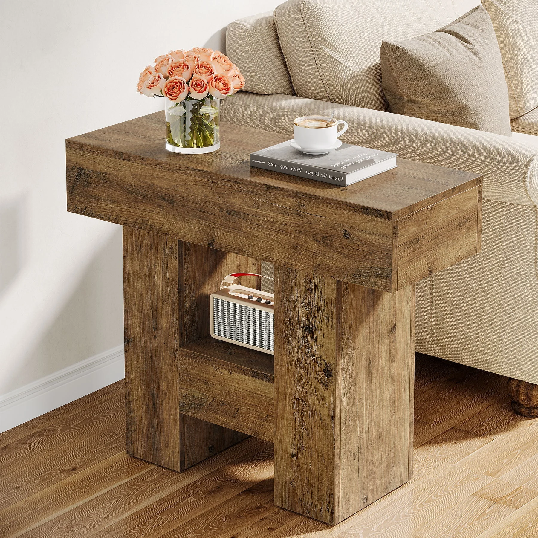 31.5" End Table, Farmhouse Sofa Side Table with 2-Tier Shelf and Heavy Duty Base