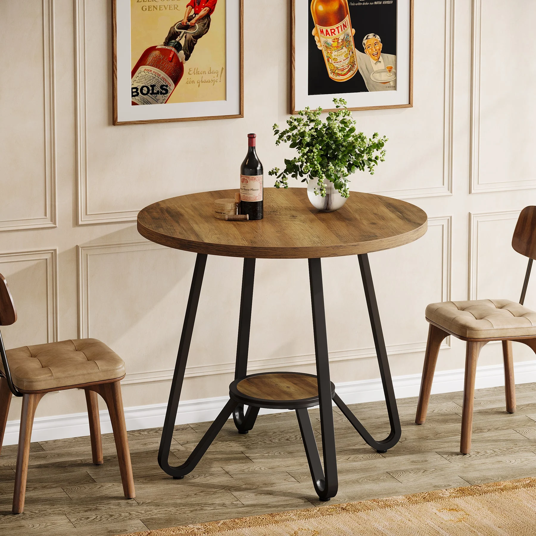 31.5" Round Dining Table, Small Kitchen Table with Open Shelves for 2