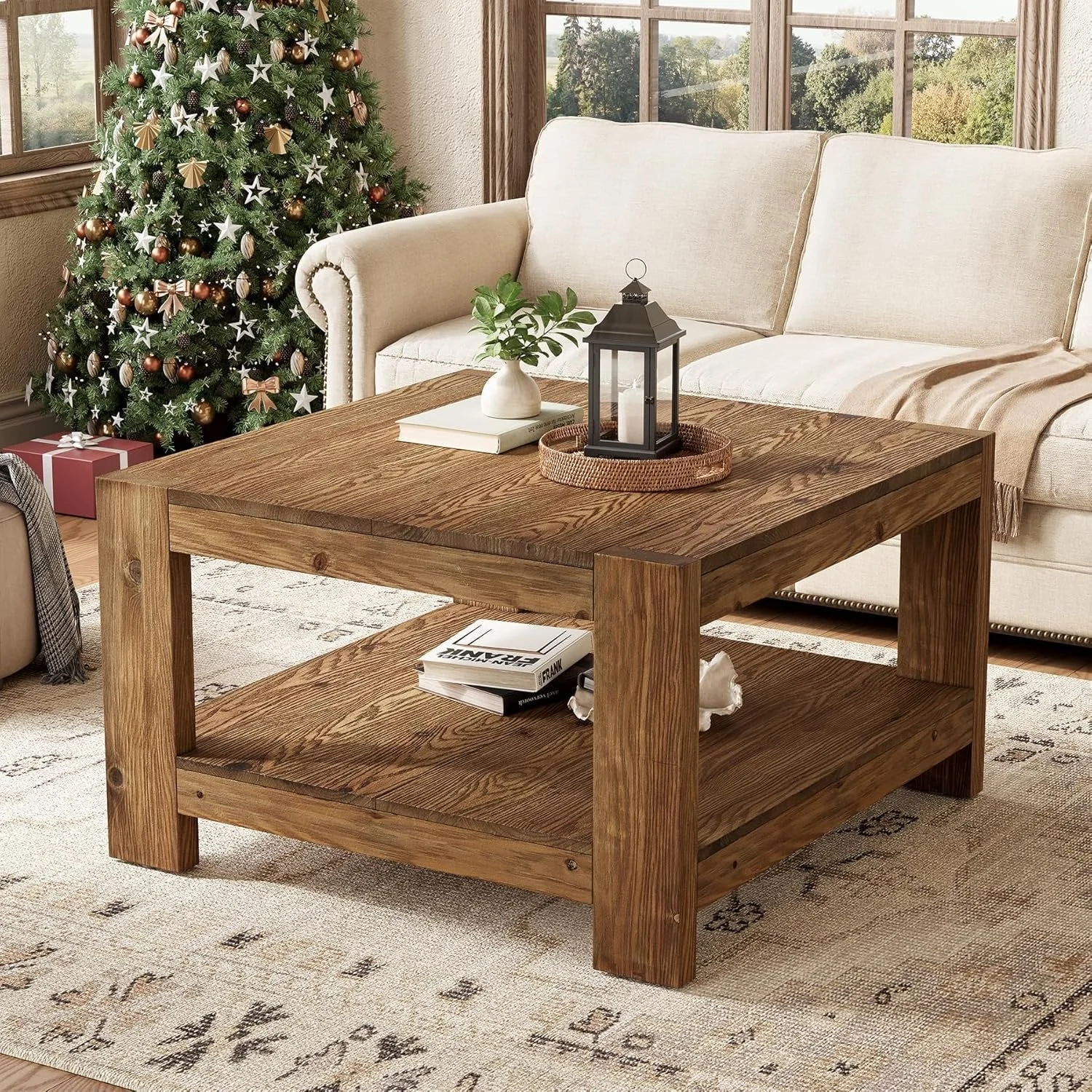 31.5" Wood Coffee Table, Square Farmhouse Center Table with Storage Shelf
