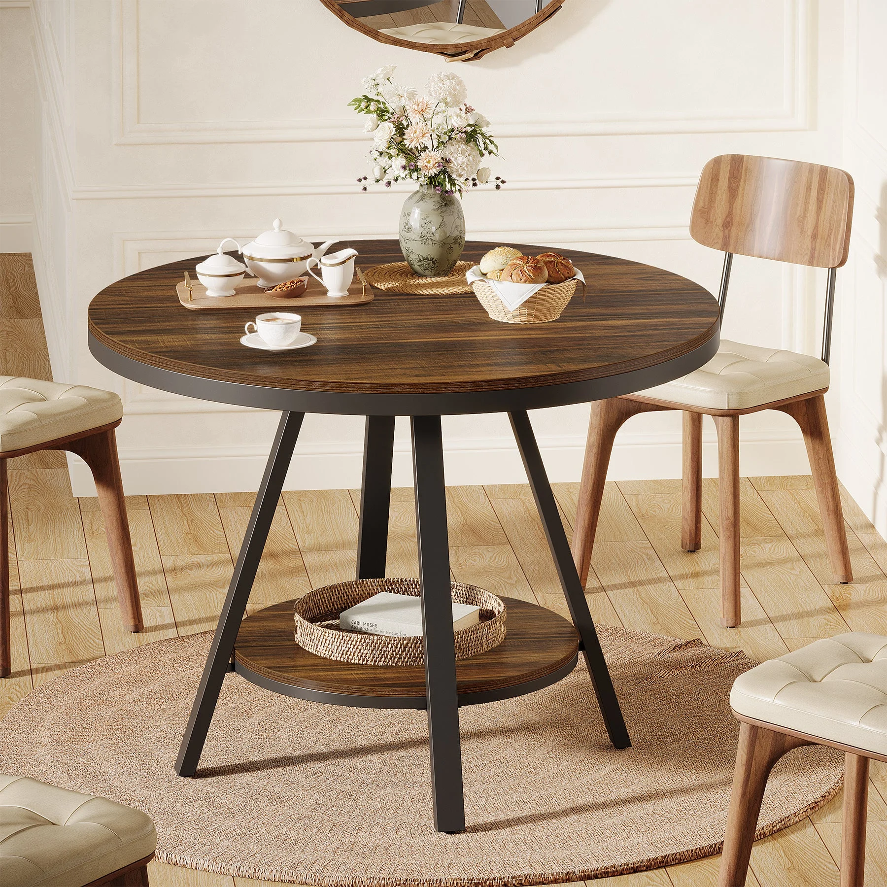 35" Round Dining Table for 2-4 People, 2-Tier Industrial Small Kitchen Dinner