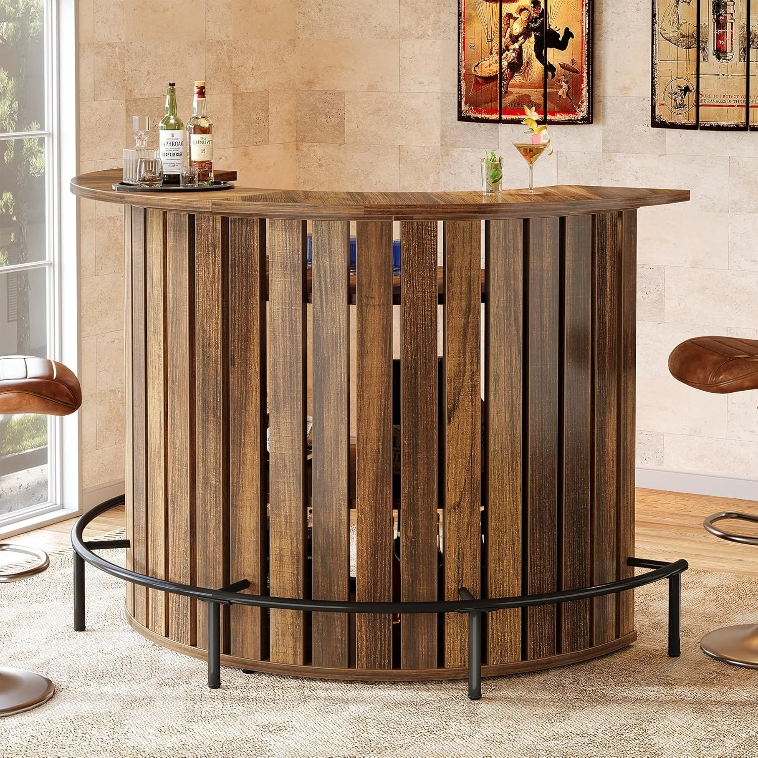 39.4" Bar Table, 4-Tier Arc-Shaped Wine Bar Cabinet with Footrest for Home Pub