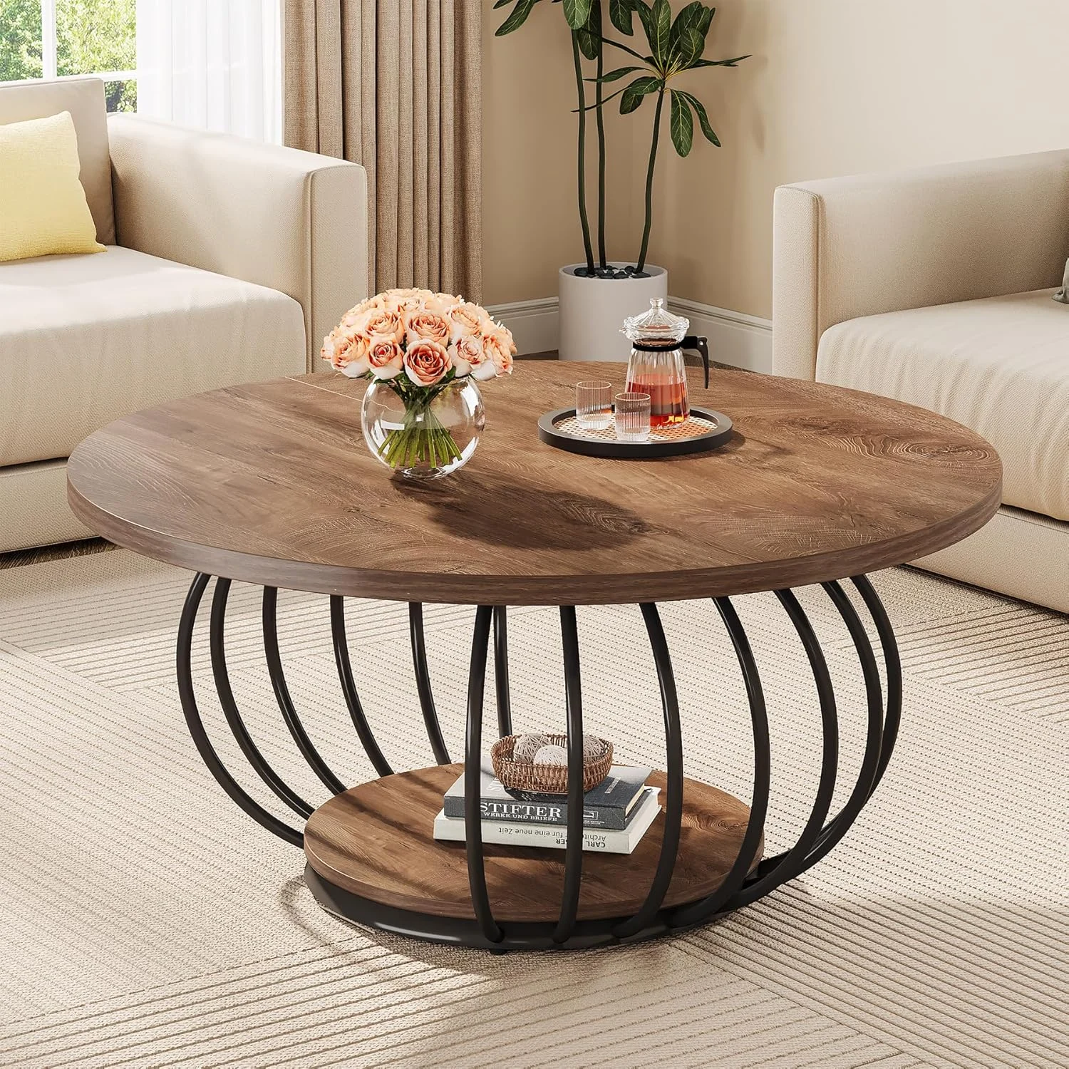 39.4" Coffee Table, Round 2-Tier Accent Center Cocktail Table with Storage Shelf