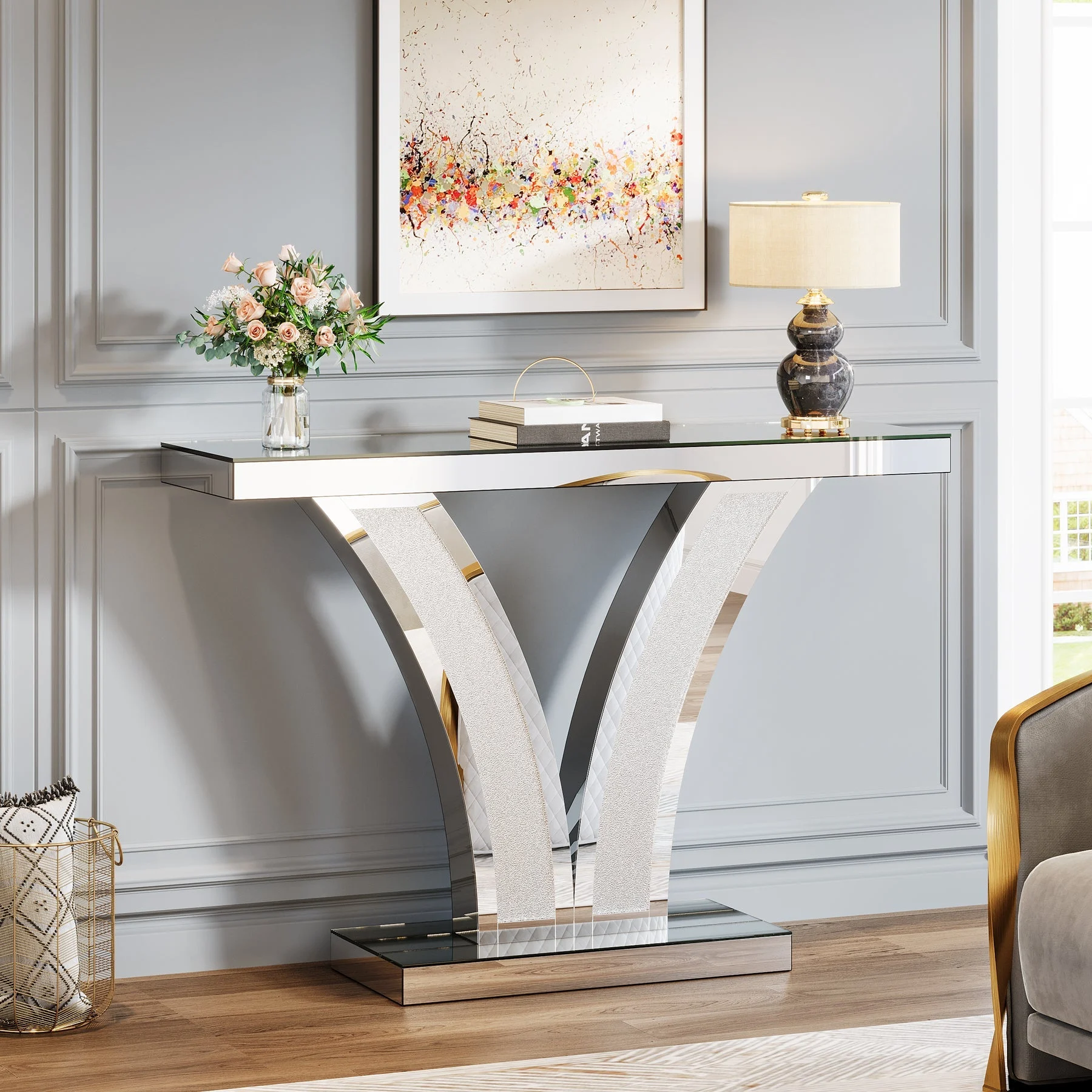 39" Mirrored Console Table, Modern Silver Entryway Table