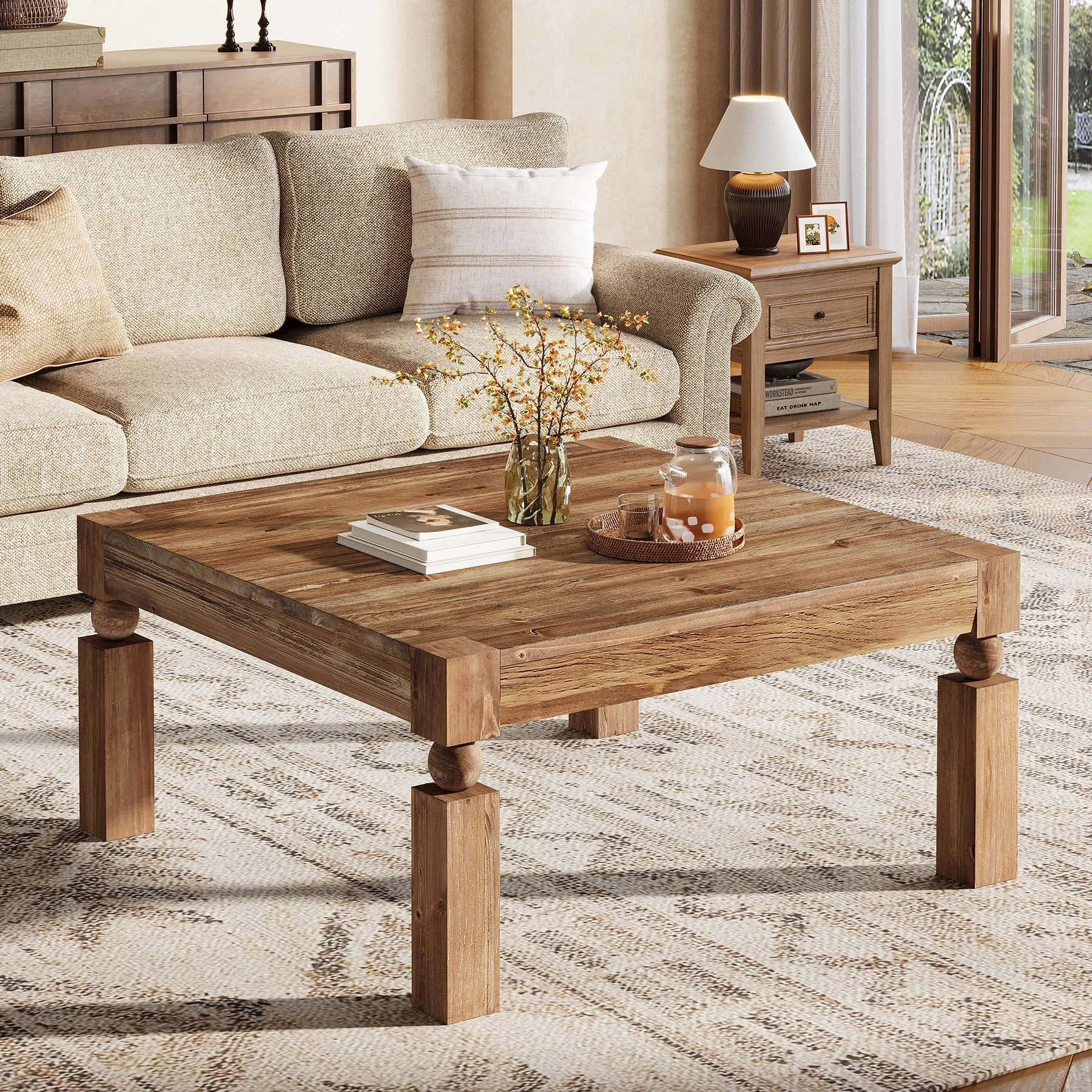 39" Square Coffee Table, Farmhouse Wood Accent Center Table with Sturdy Legs