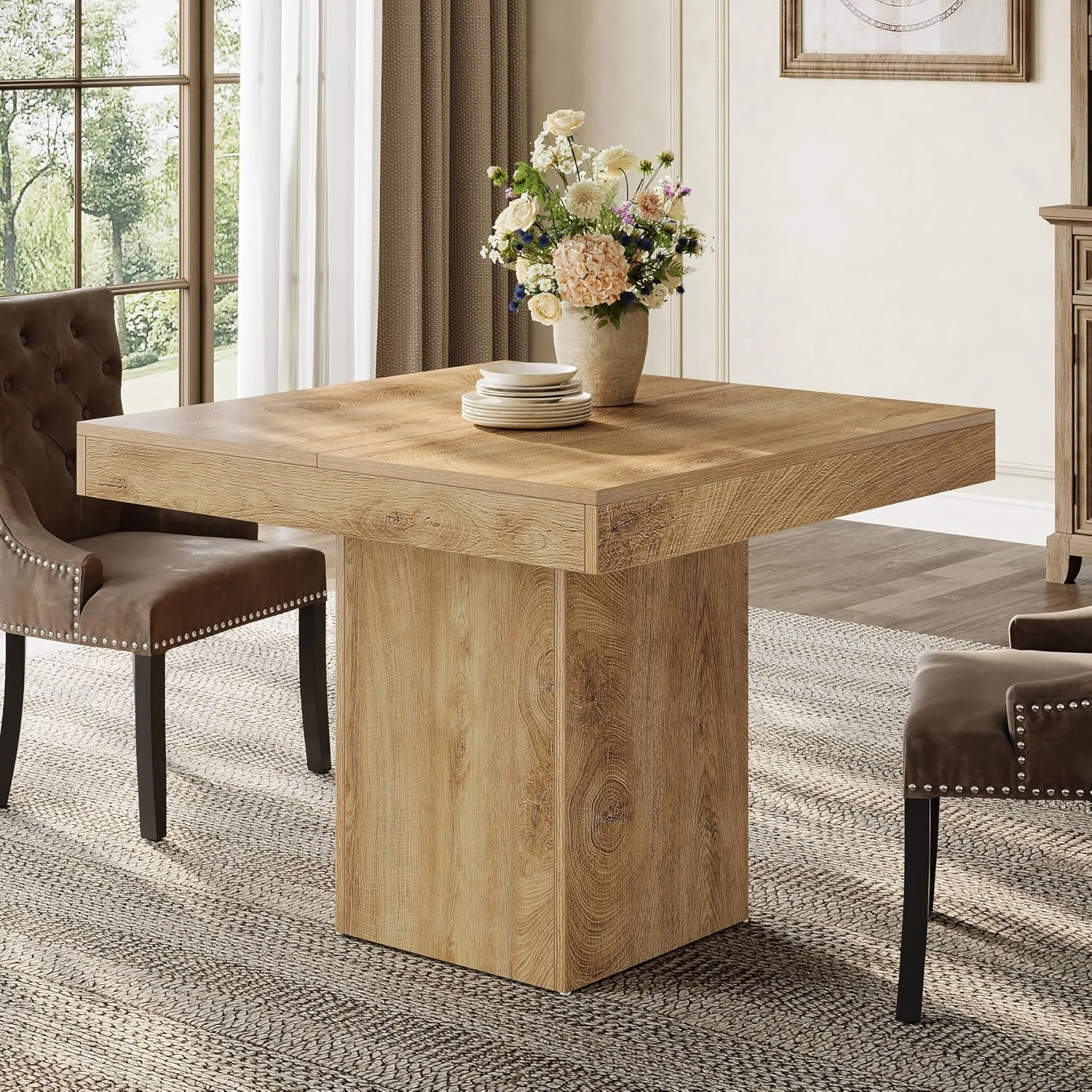 39" Square Dining Table, Farmhouse Kitchen Dinner Table with Sturdy Pedestal Base for 4