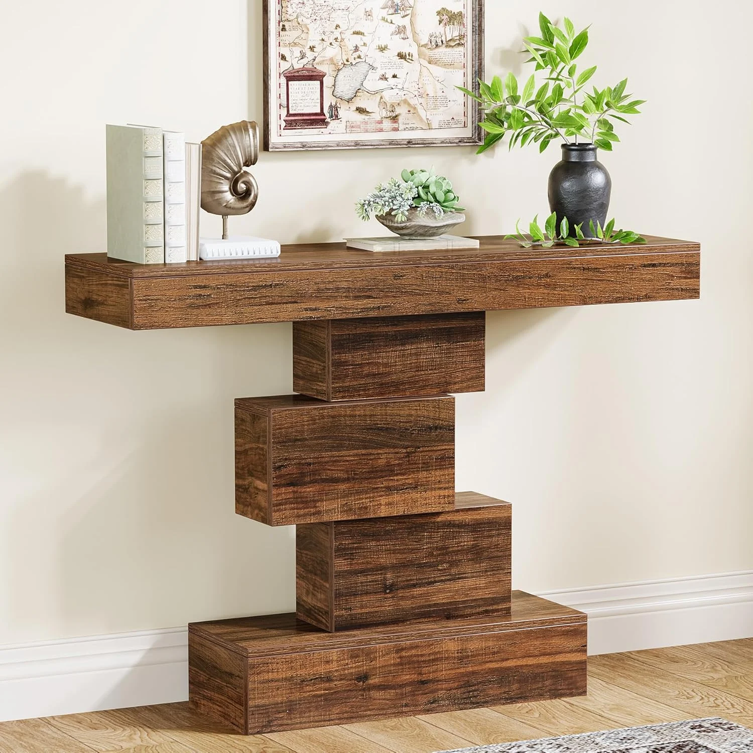 42.5" Rustic Brown Farmhouse Console, Industrial Geometric Sofa Table for Hallway Entrance