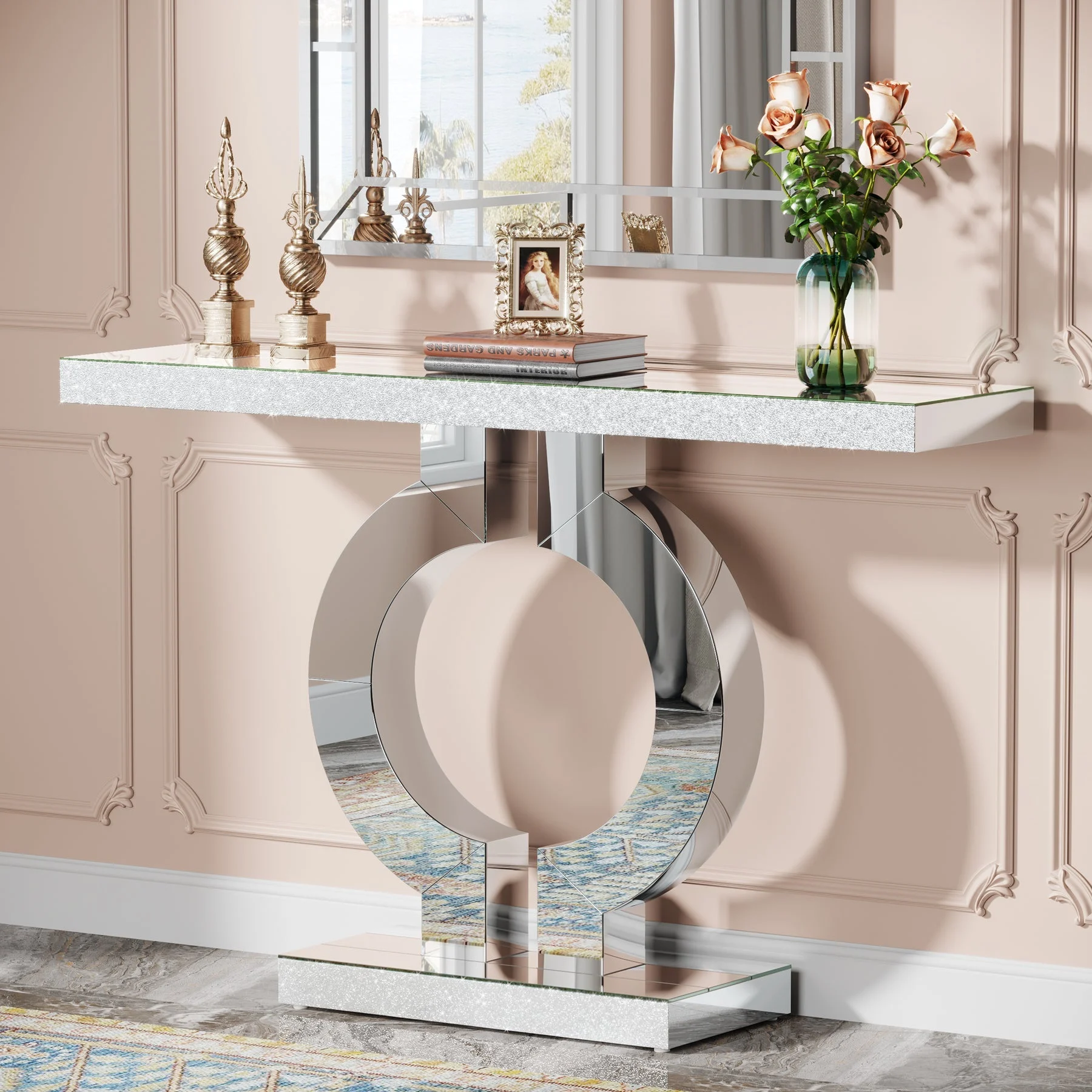 43" Mirrored Console Table, Modern Silver Sofa Table with O-Shaped Base