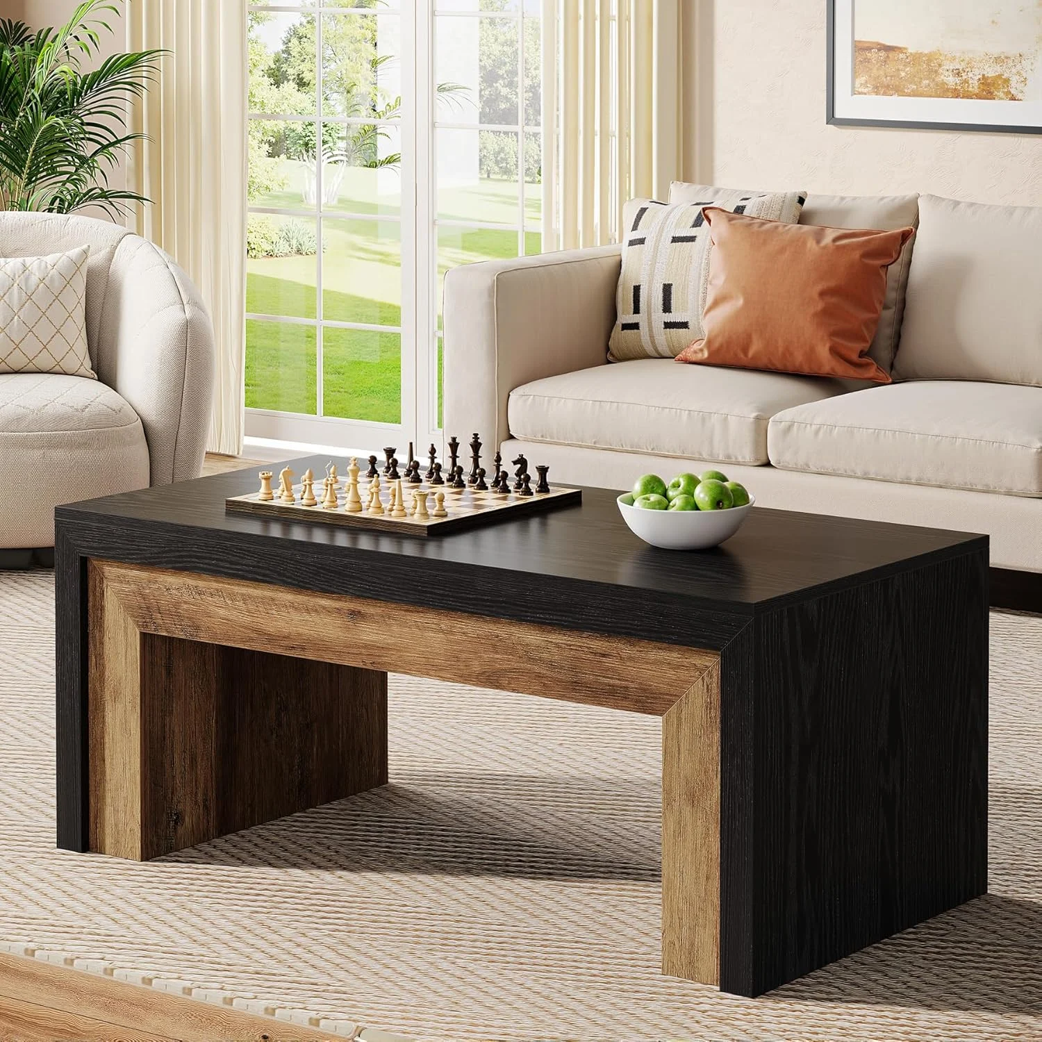47.2" Coffee Table, Mid-Century Modern Accent Center Table with Sturdy Base