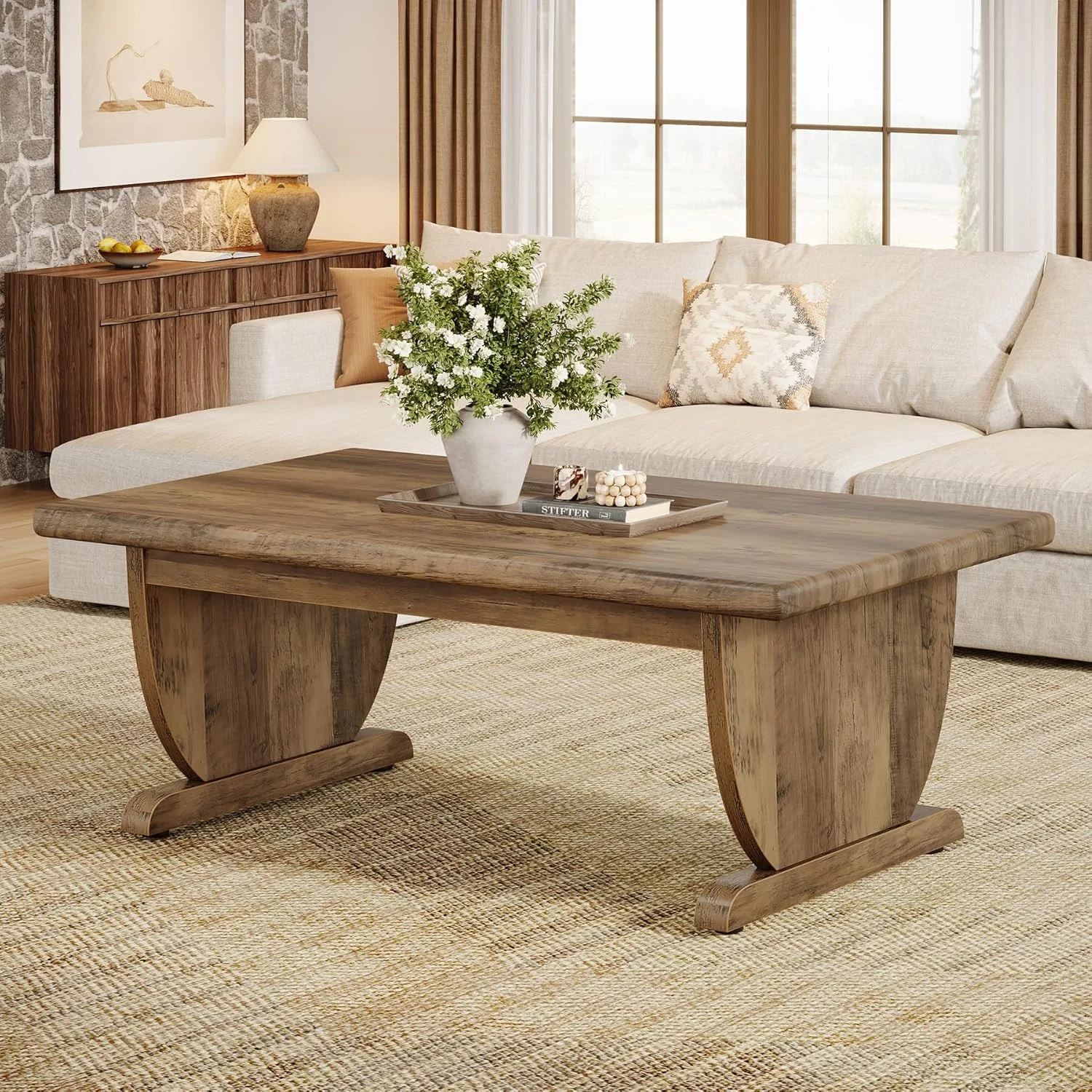 47.2" Coffee Table, Rectangle Cocktail Tea Table with Sturdy Pedestal