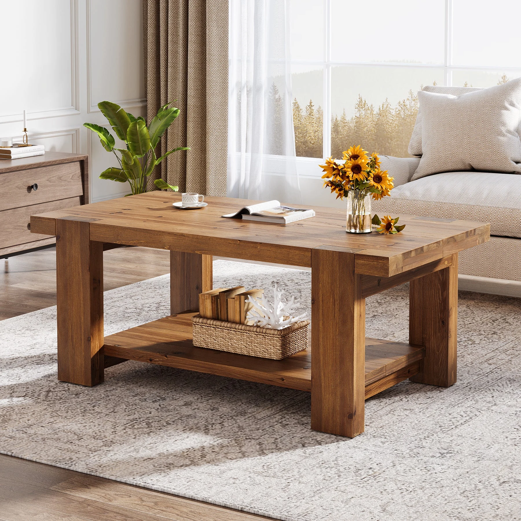 47.2" Solid Wood Coffee Table, Rectangle Center Table with 2-Tier Storage Shelf