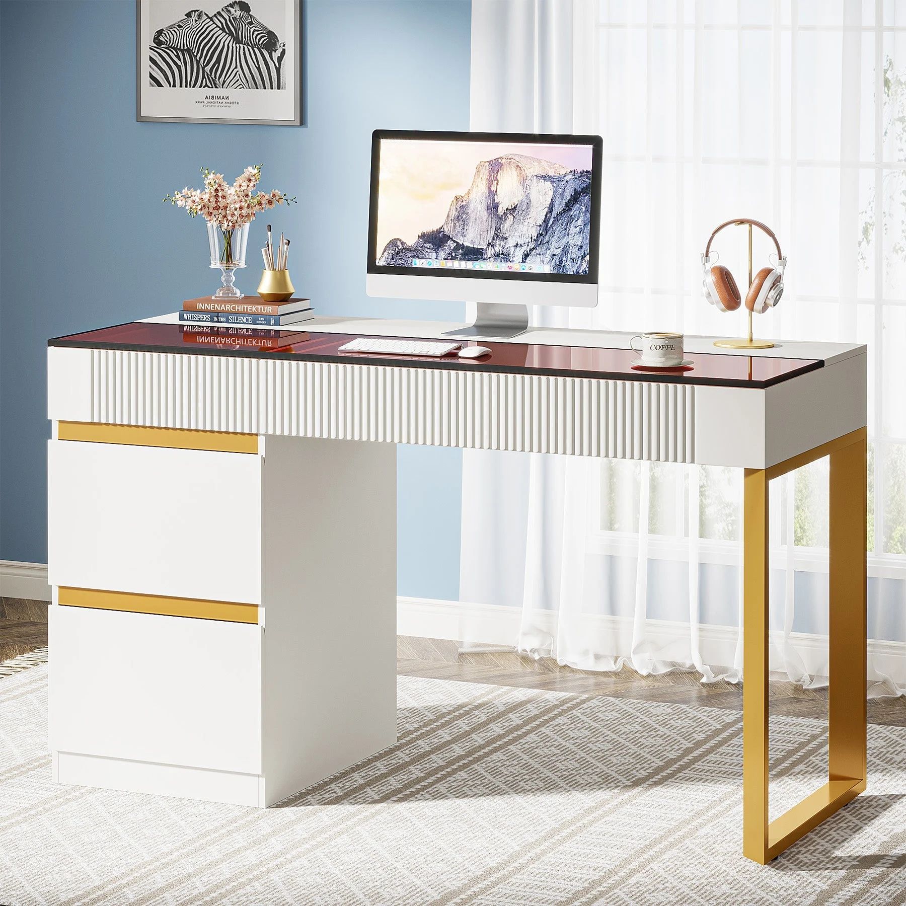 47.24" Computer Desk, 4-Drawer Writing Desk with Glass Top