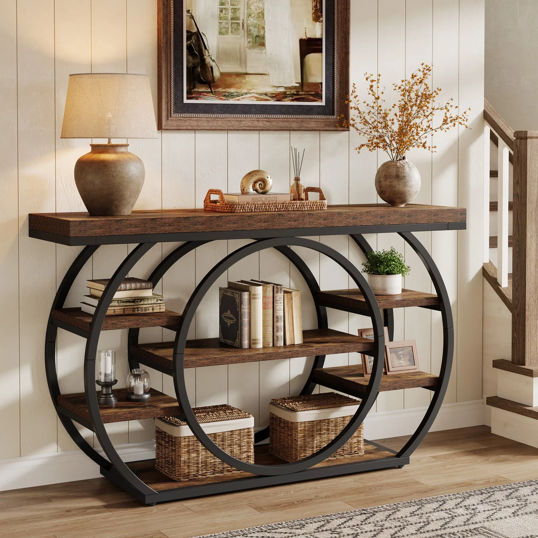 47.24" Console Table, 5-Tier Industrial Sofa Table with Metal Frame