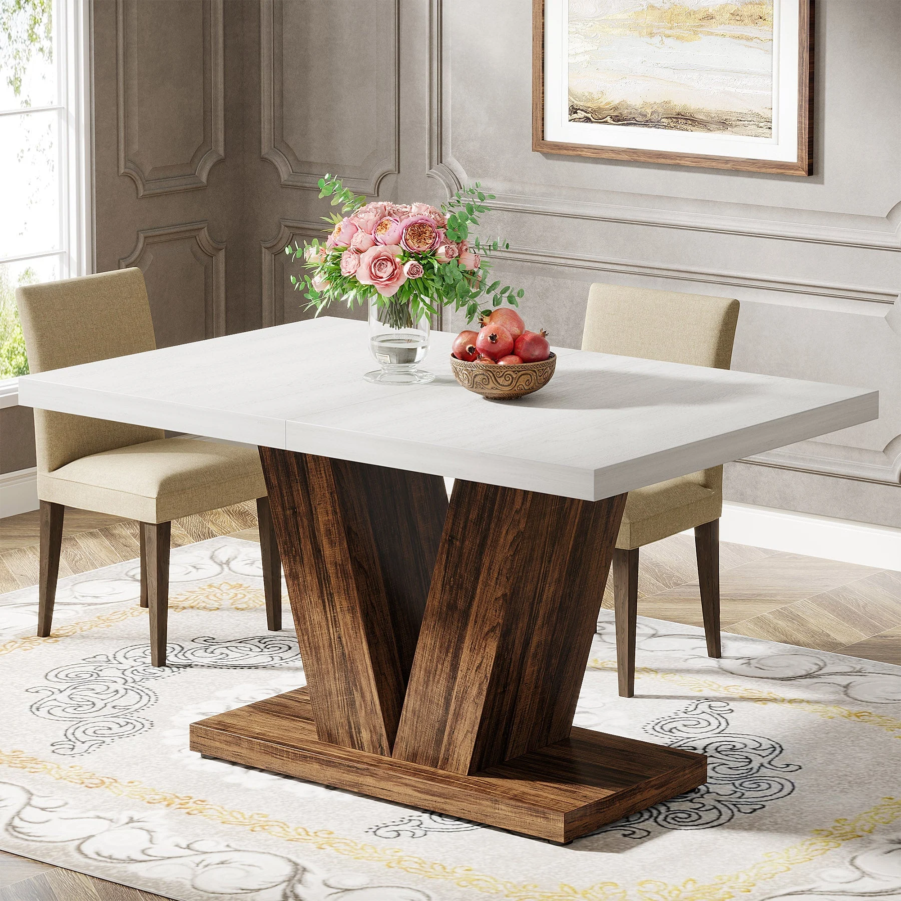 47" Dining Table, Farmhouse Wooden Kitchen Dinner Table with Duty Pedestal