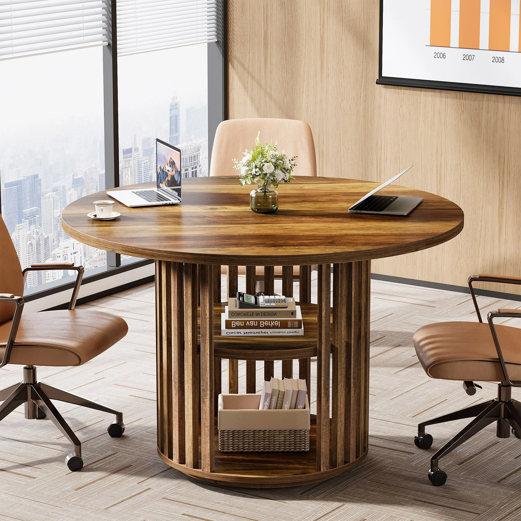 47" Round Conference Table, Wooden Small Meeting Room Table for 4