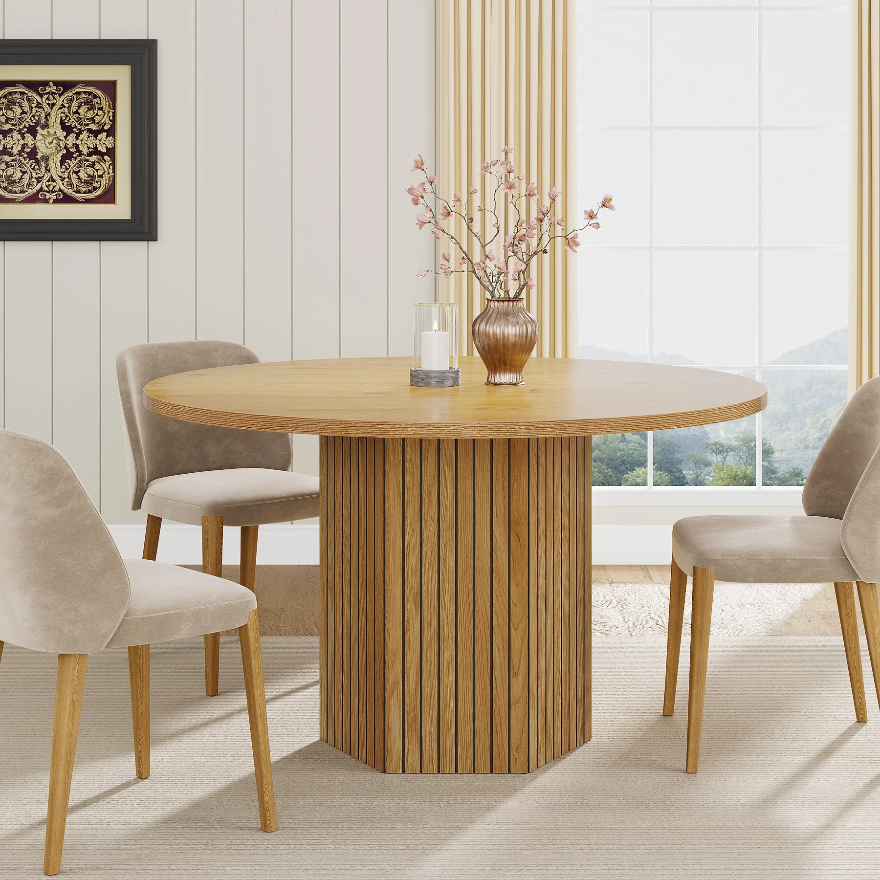 47" Round Dining Table, Kitchen Table with Pedestal Base for 4-6
