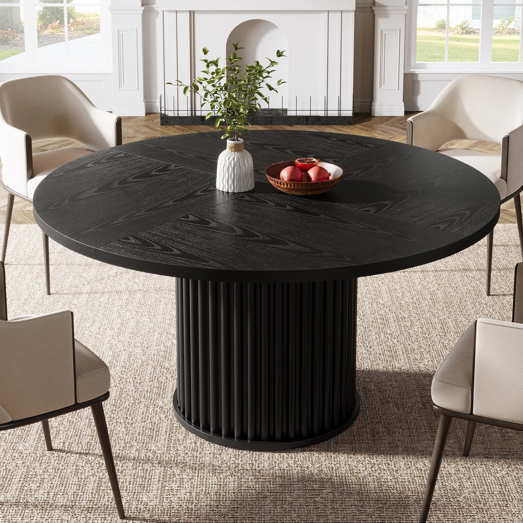 47" Round Dining Table, Wood Kitchen Table With Sturdy Fluted Metal Base