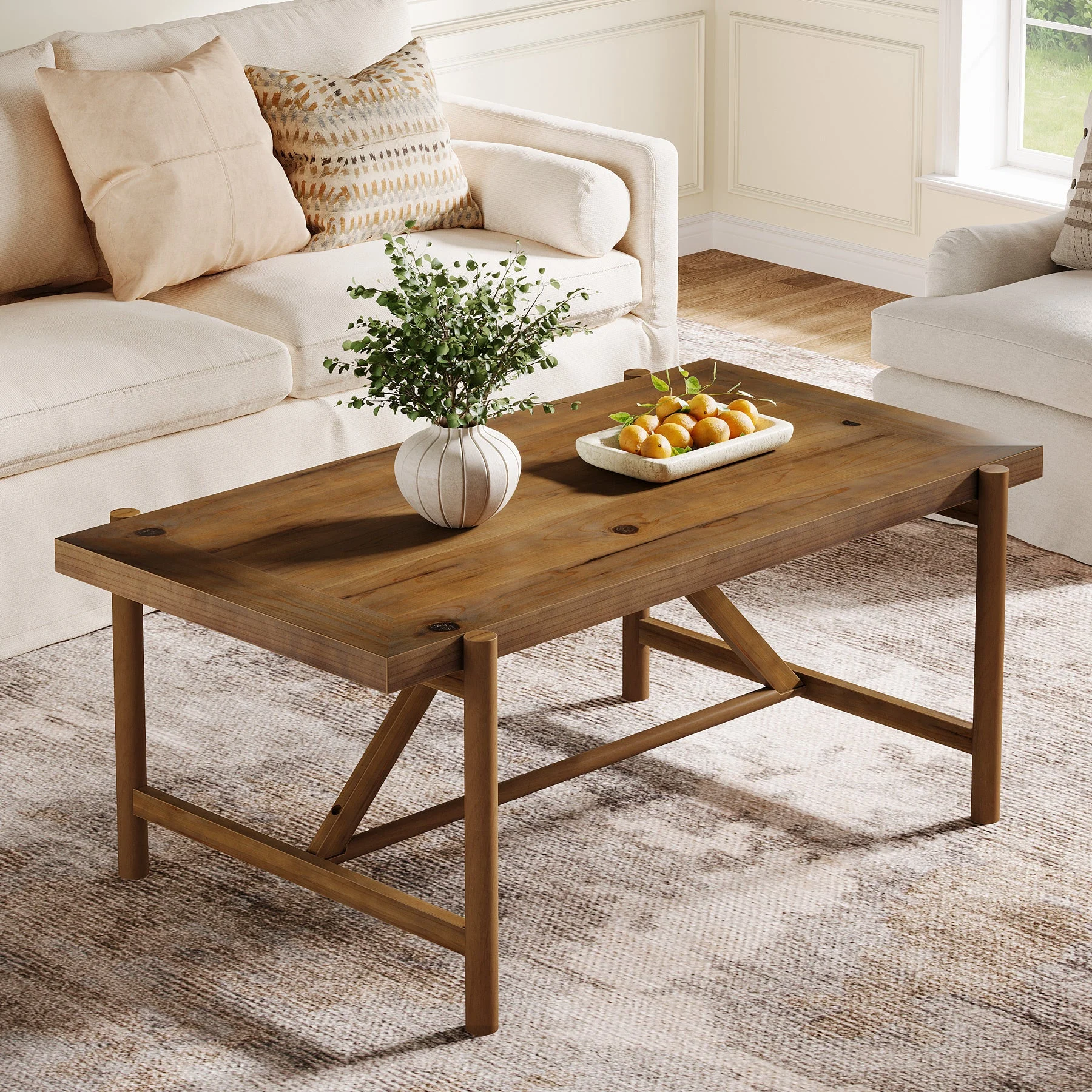 47" Solid Wood Coffee Table, Rectangular Center Tea Table with Column Legs