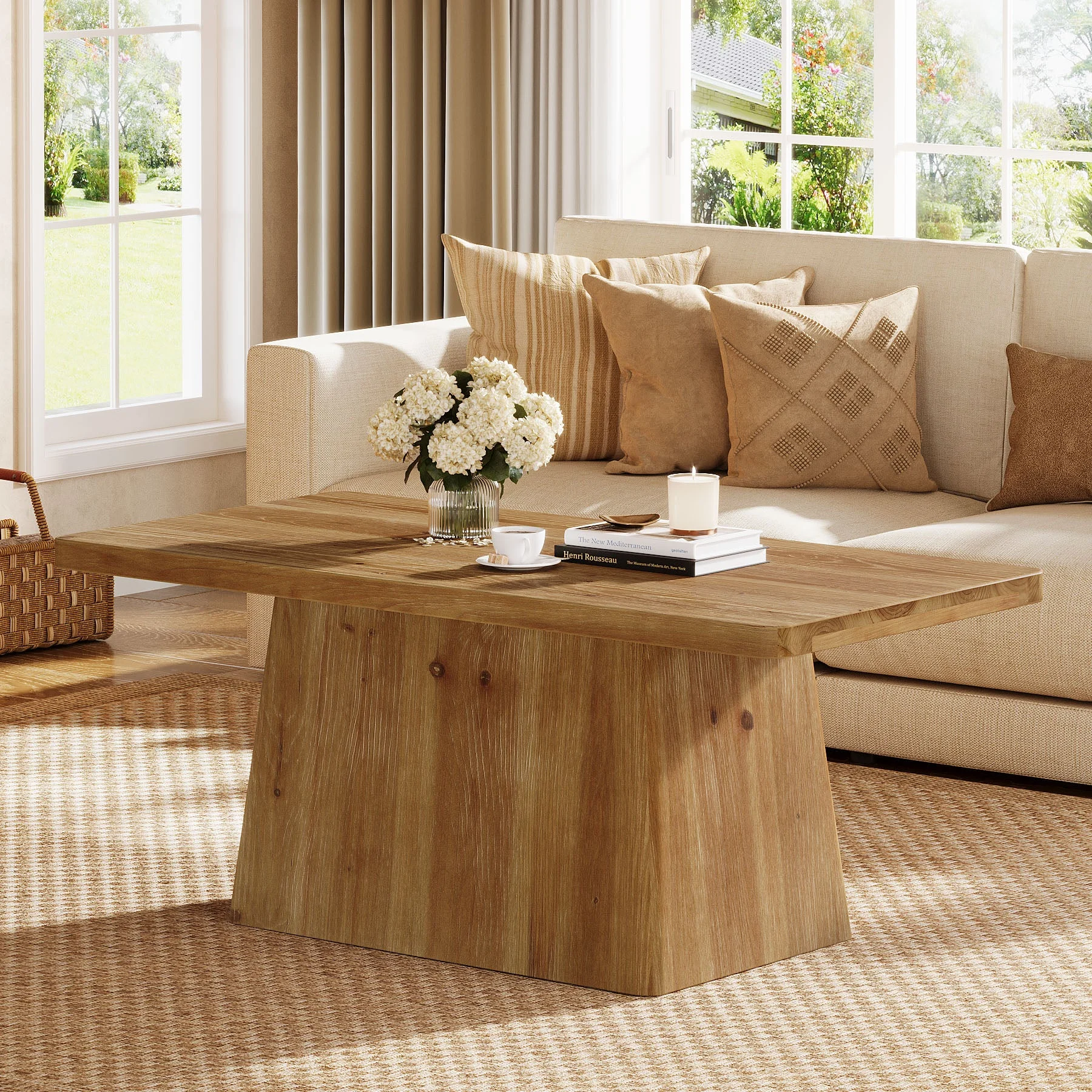 47" Wood Coffee Table, Farmhouse Center Table Tea Table with Sturdy Pedestal