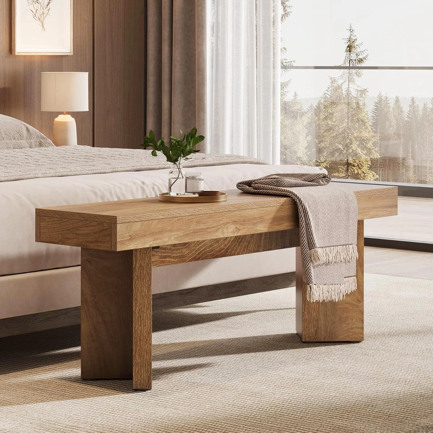 47" Wooden End of Bed Bench, Farmhouse Bedroom Bench