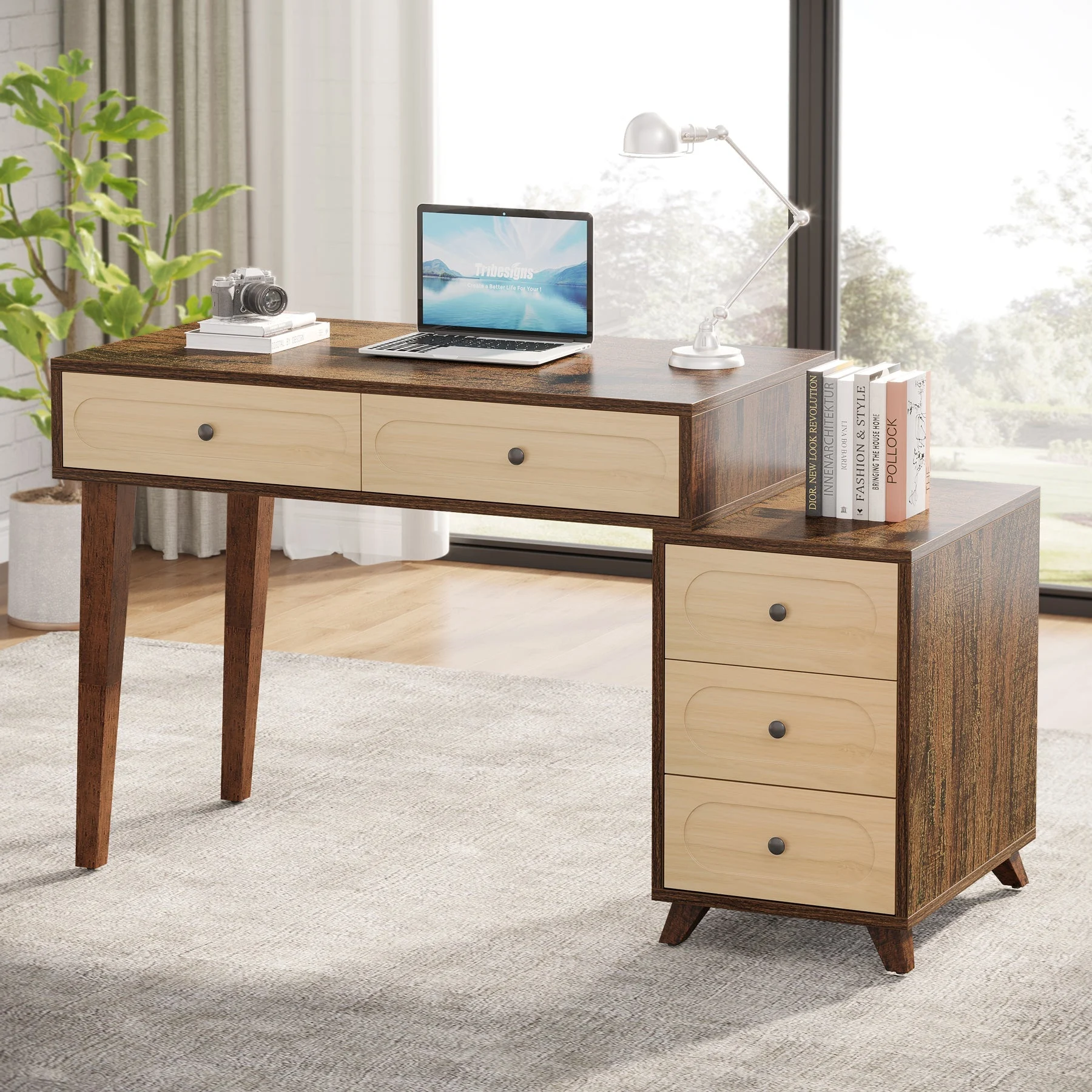 5 Drawers Computer Desk, 51" Study Writing Table with Reversible Drawer Cabinet