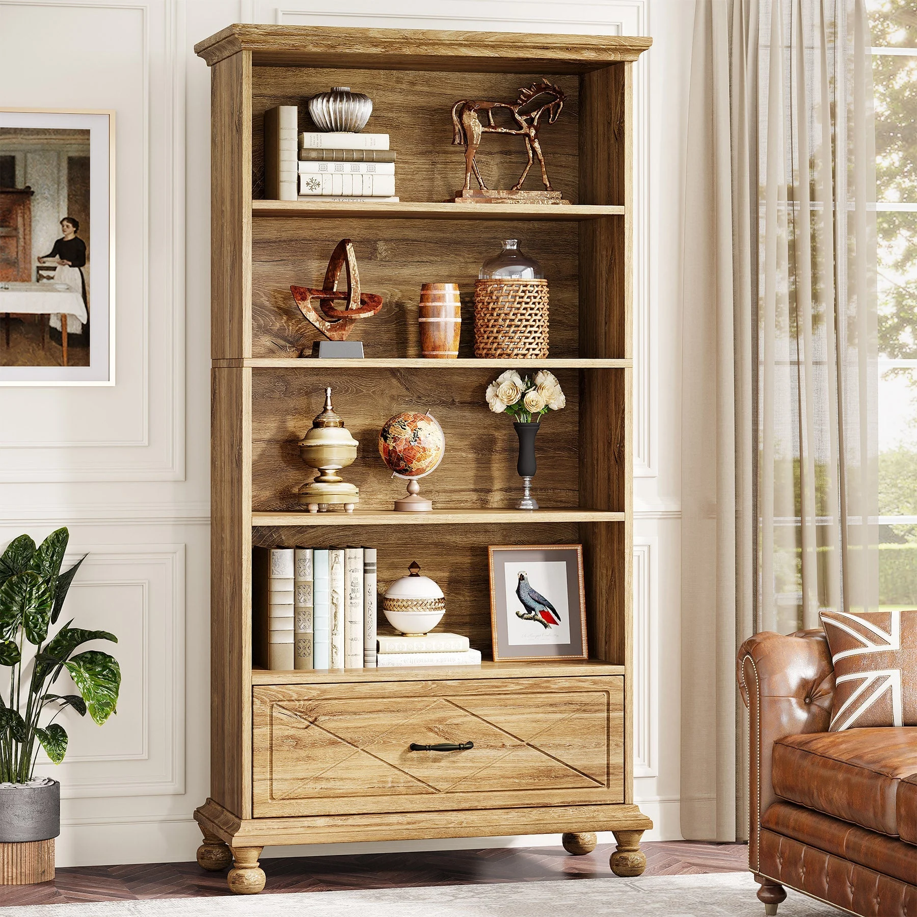 5-Shelf Bookcase with Drawer, 71" Bookshelf with Solid Wood Legs