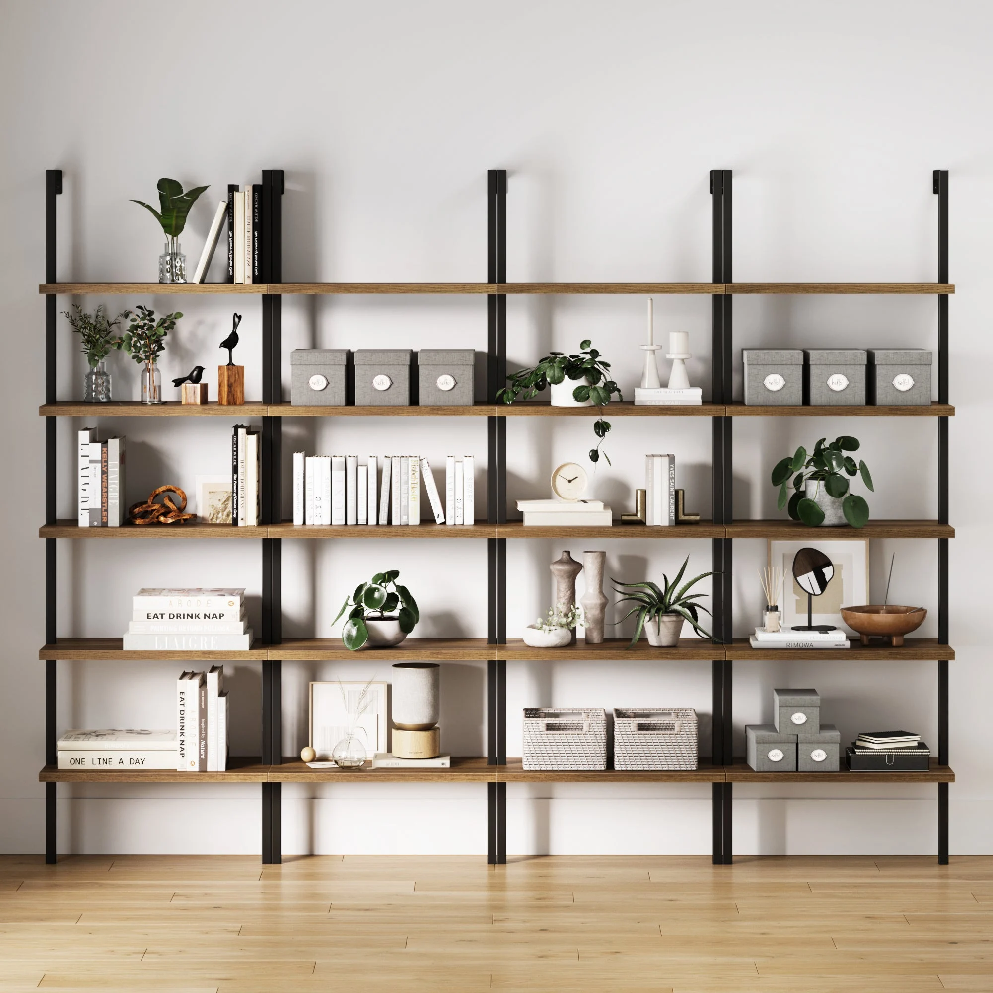 5-Shelf Ladder Bookshelf Oak Matte Black (Set of 4)
