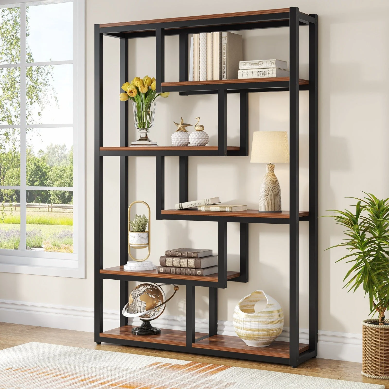 5-Tier Bookshelf, 69" Industrial Etagere Bookcase with Staggered Shelves