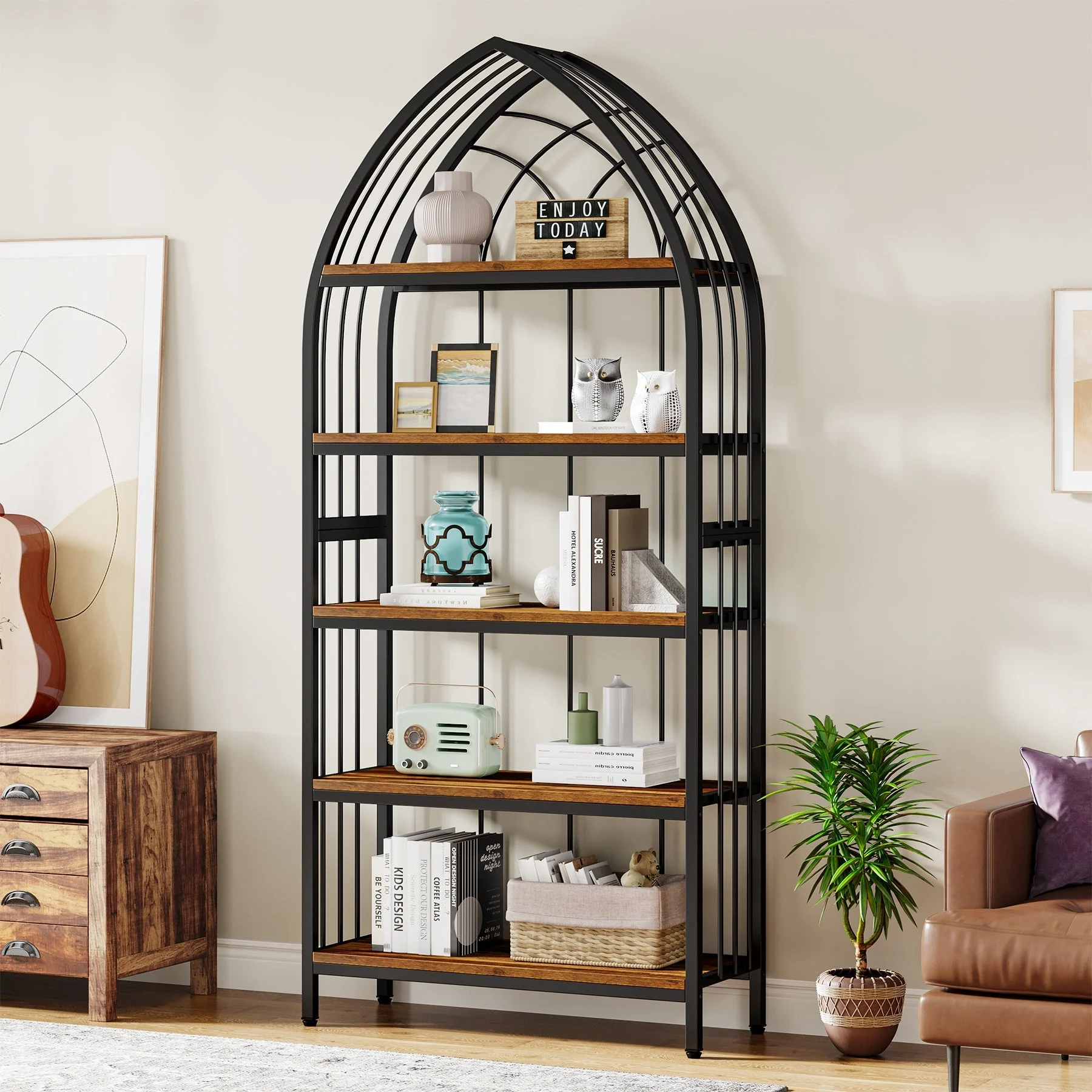 5-Tier Bookshelf, 74.8" Industrial Curved Wooden Bookcase