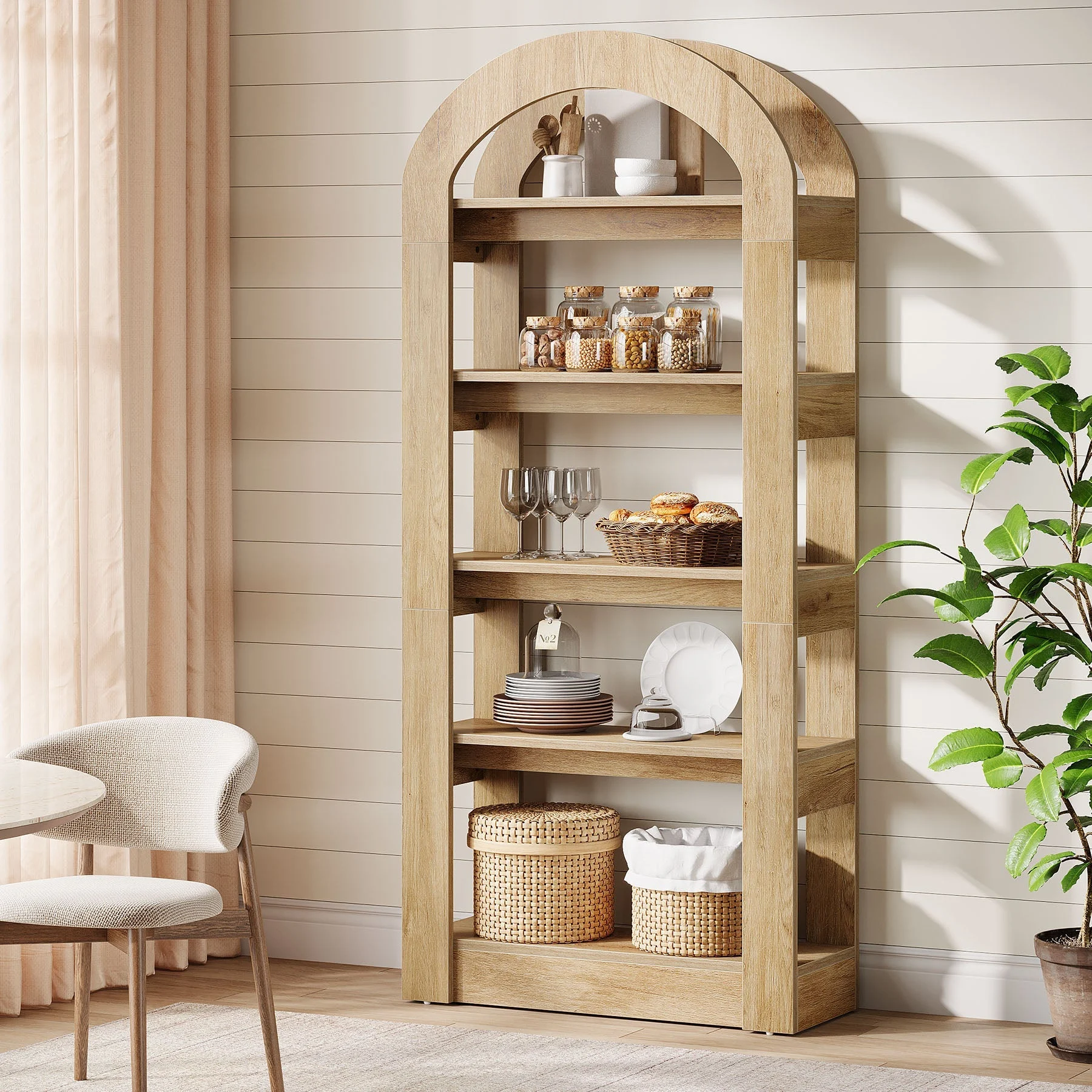 5-Tier Bookshelf, Wooden Bookcase Display Shelf with Arch-Shape