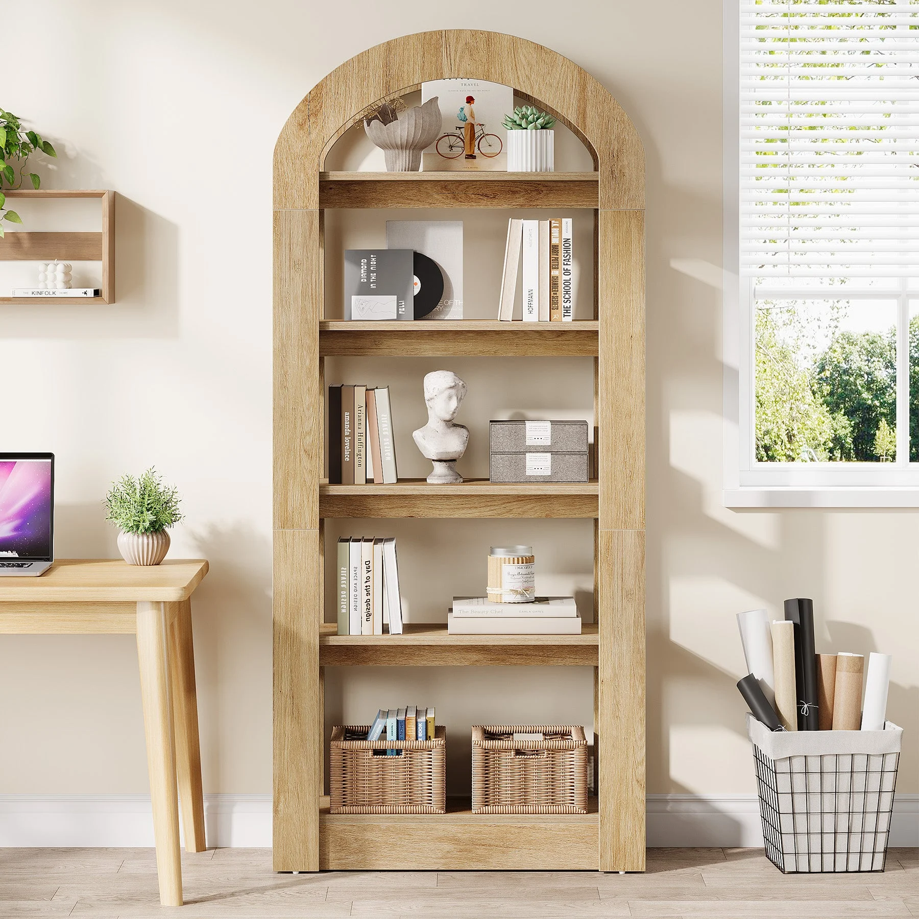 5-Tier Wooden Bookshelf with Arched Top, Tall Display Bookcase Shelf