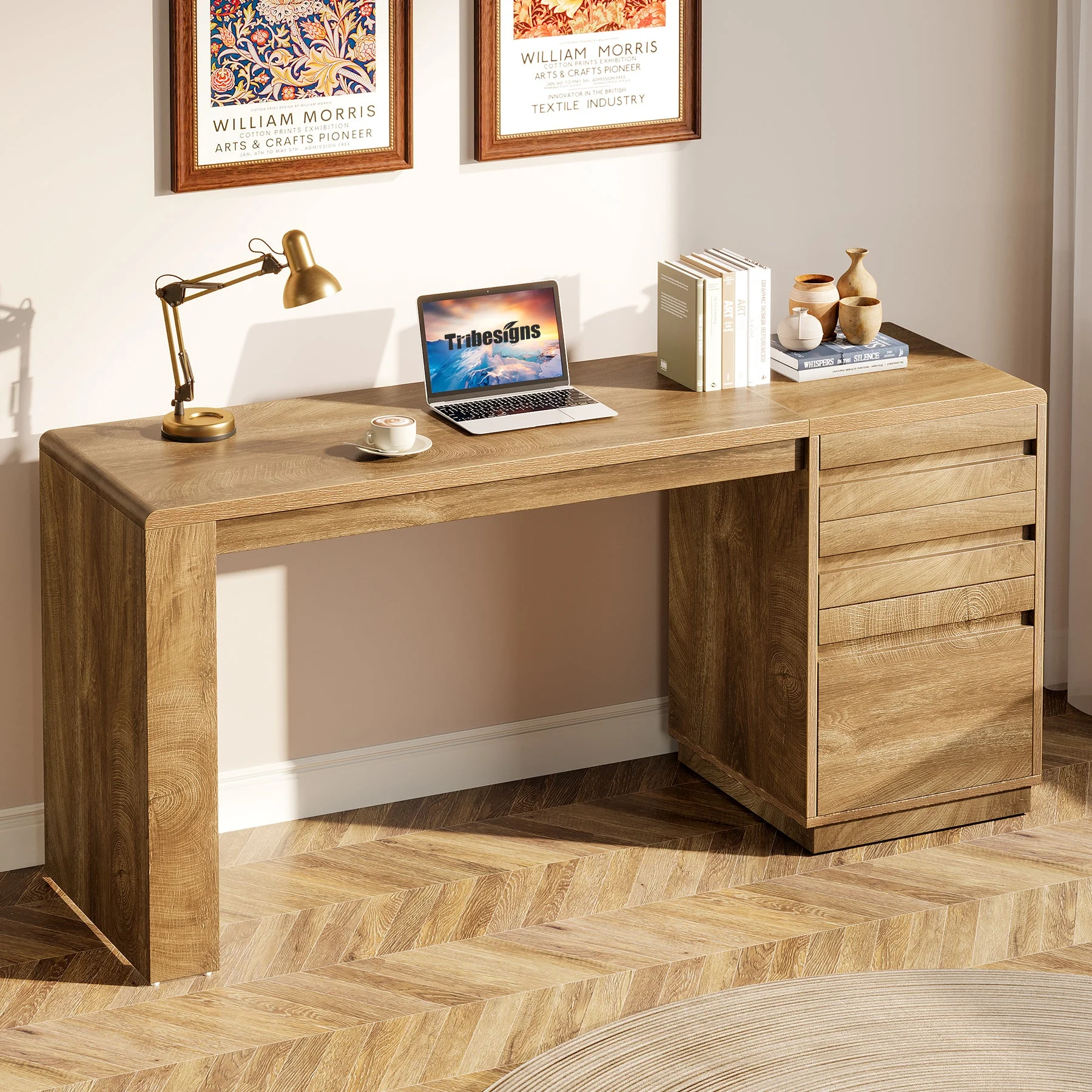55" Computer Desk, Farmhouse Executive Desk with 3 Drawers Storage Cabinet