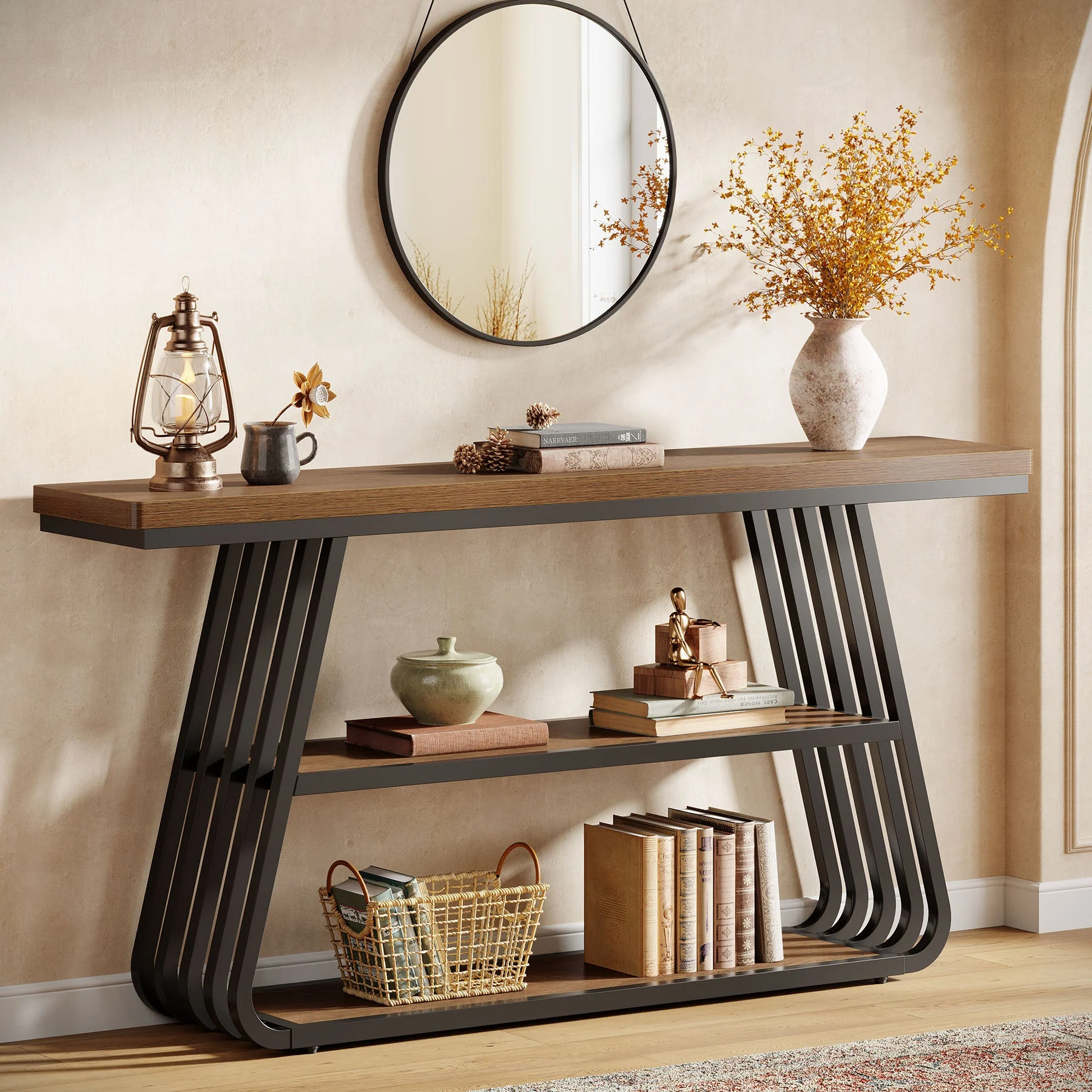 55" Console Table, 3-Tier Sofa Table With Iron Frame For Living Room