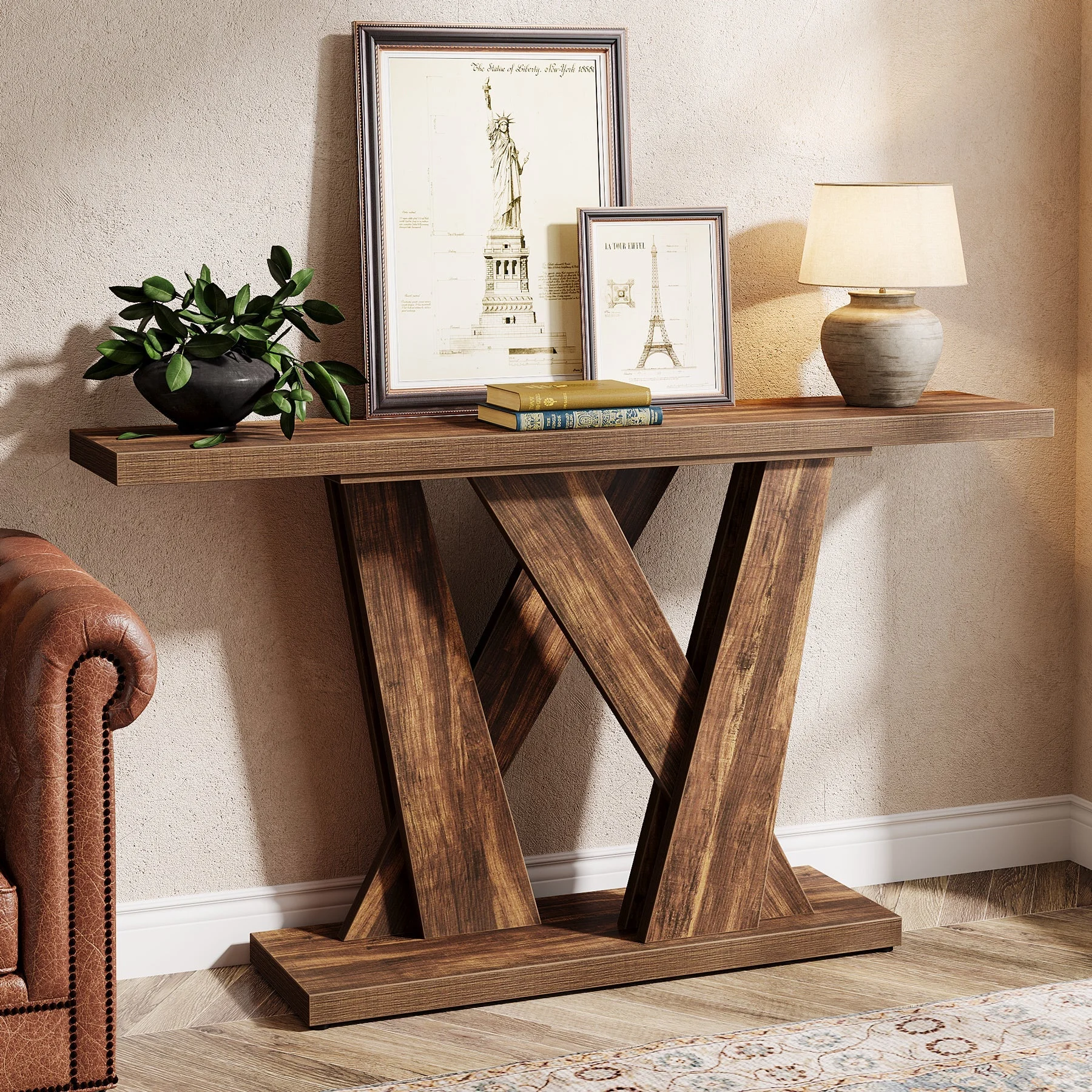 55" Console Table, Farmhouse Entryway Table With Geometric Base